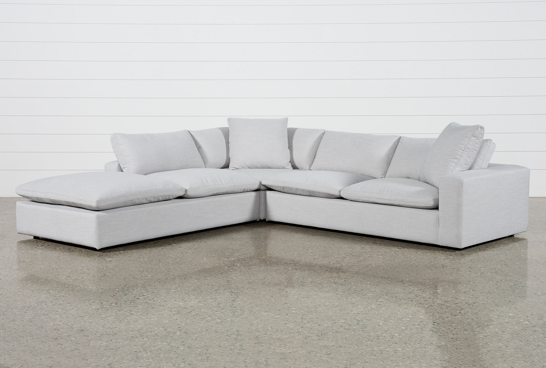utopia modular 3 piece grey 123" fabric sectional with left arm facing bumper chaise 1 utopia modular 3 piece grey 123" fabric sectional with left arm facing bumper chaise
