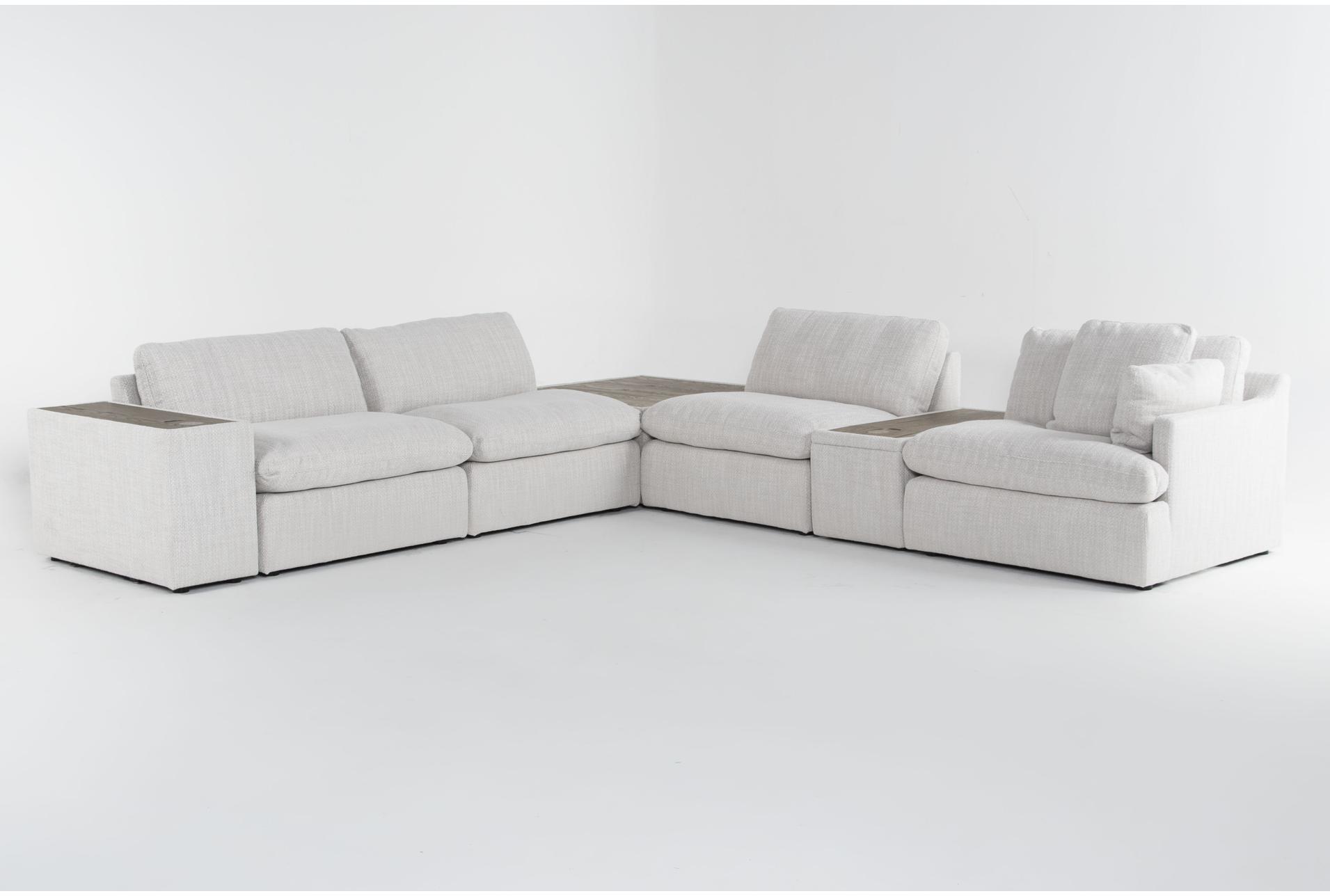 gather white fabric 7 piece modular l-shaped sectional with corner storage and wireless charging & table cocktail ottomanleft arm facing arm console featuring hidden cupholders 1 gather white fabric 7 piece modular l-shaped sectional with corner storage and wireless charging & table cocktail ottomanleft arm facing arm console featuring hidden cupholders