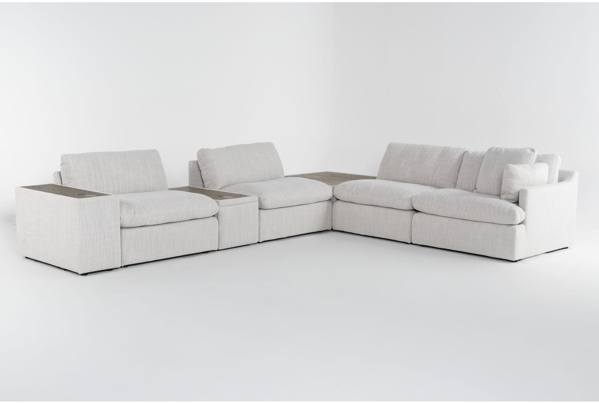 gather white fabric 7 piece modular l-shaped sectional with corner storage and wireless charging & table cocktail ottomanleft arm facing arm console featuring hidden cupholders 9 gather white fabric 7 piece modular l-shaped sectional with corner storage and wireless charging & table cocktail ottomanleft arm facing arm console featuring hidden cupholders