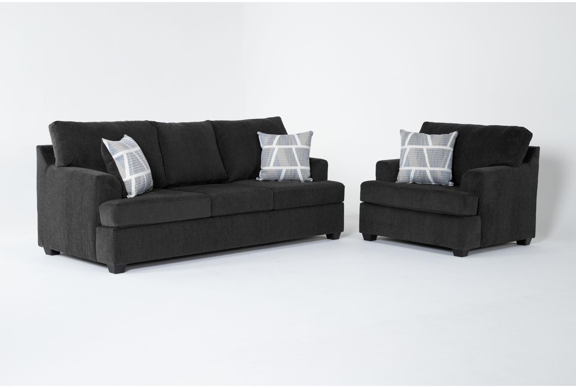 colby smoke grey fabric 2 piece sofa & arm chair set | loose reversible back 1 colby smoke grey fabric 2 piece sofa & arm chair set | loose reversible back