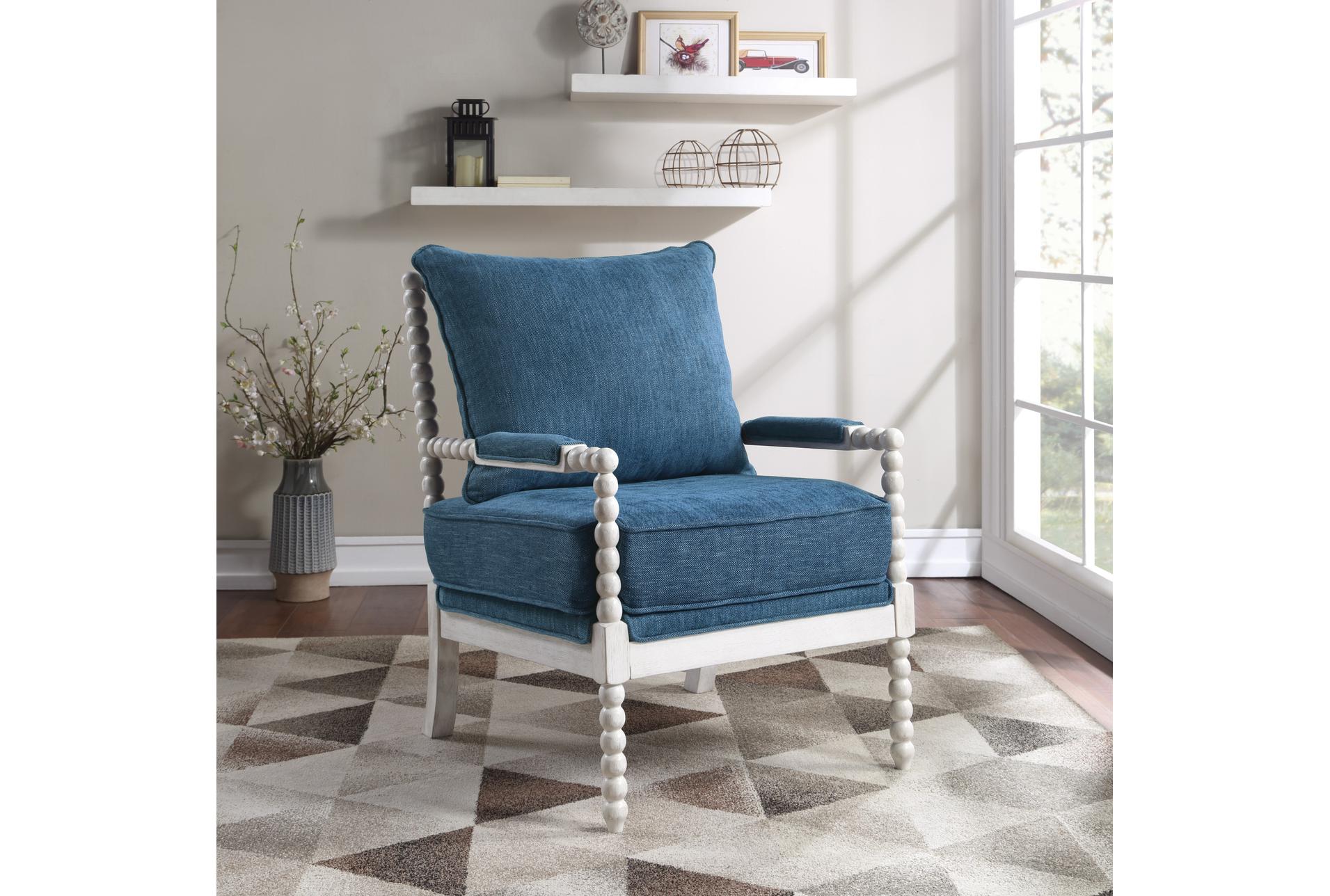 kaylee indigo blue spindle arm chair with antique white wood frame | high performance fabric | with arms | club 8 kaylee indigo blue spindle arm chair with antique white wood frame | high performance fabric | with arms | club
