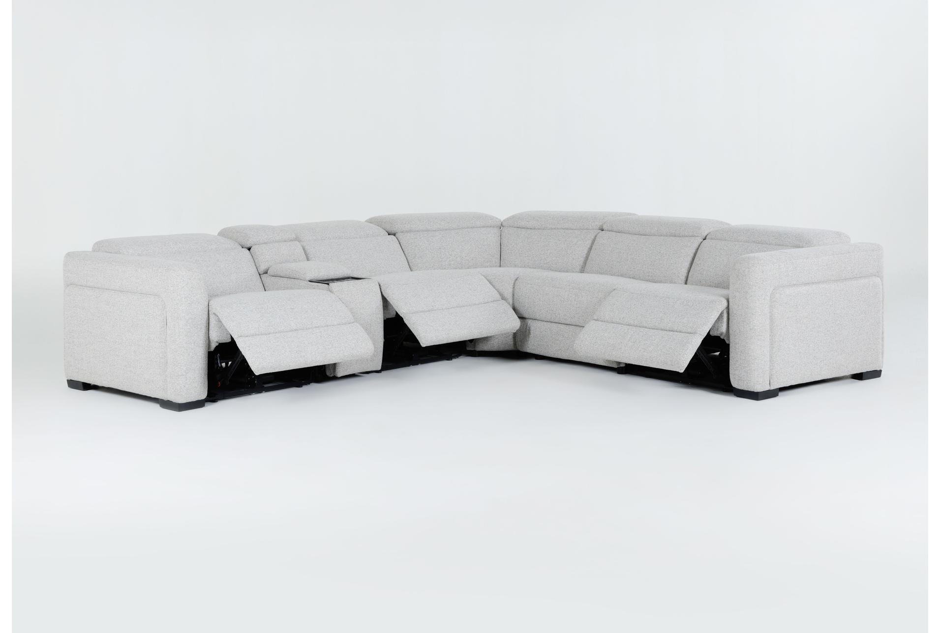 axis 130" 6 piece grey power reclining immersive audio sectional | adjustable headrests | fabric | console 21 axis 130" 6 piece grey power reclining immersive audio sectional | adjustable headrests | fabric | console