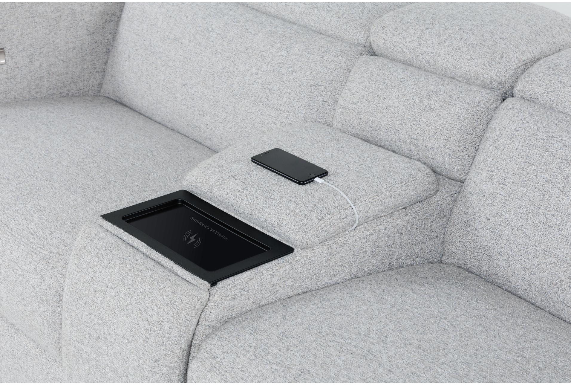 axis 130" 6 piece grey power reclining immersive audio sectional | adjustable headrests | fabric | console 23 axis 130" 6 piece grey power reclining immersive audio sectional | adjustable headrests | fabric | console