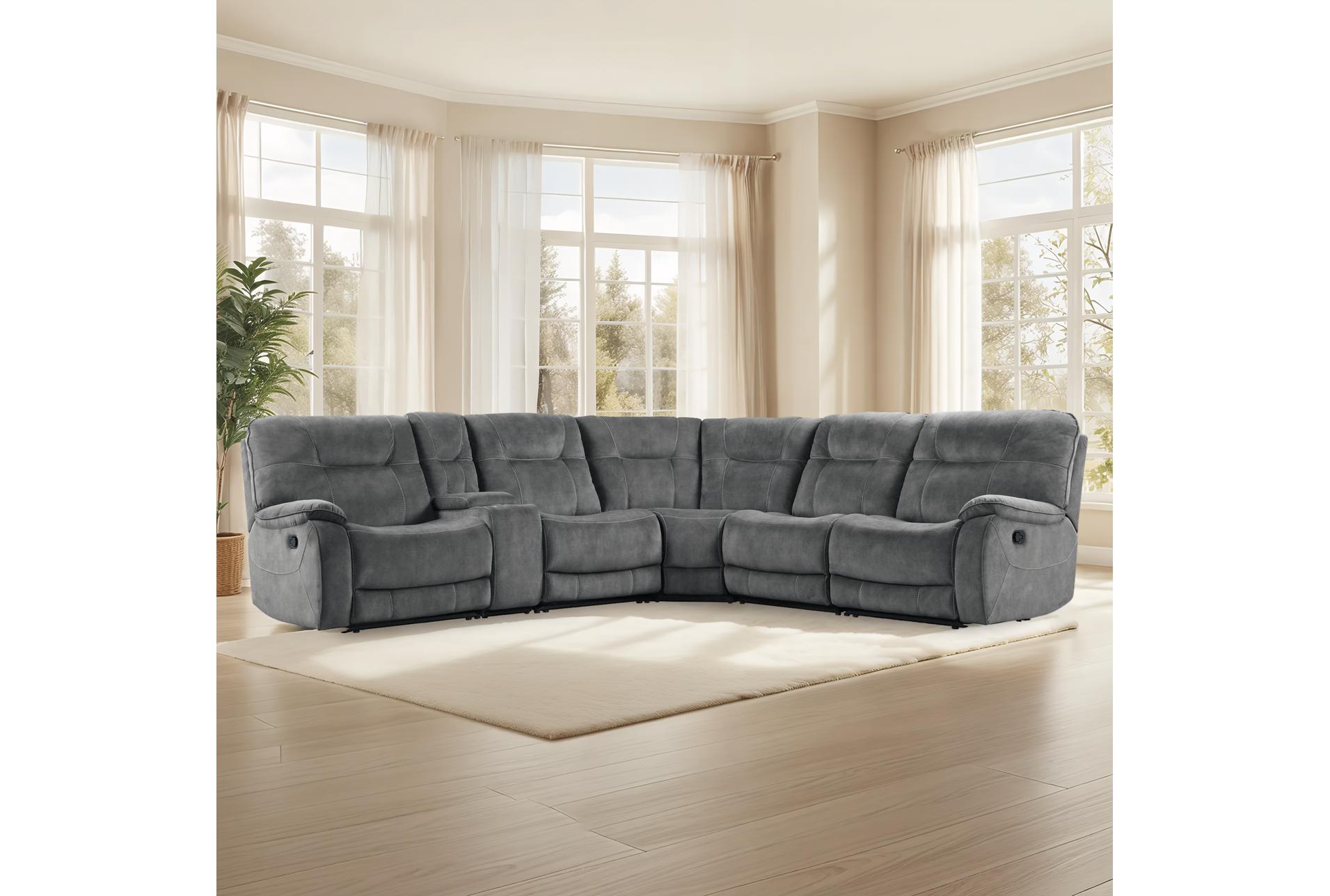 dax grey natural polyester 132" 6 piece manual reclining modular sectional with usb | performance fabric | reversible | console 4 dax grey natural polyester 132" 6 piece manual reclining modular sectional with usb | performance fabric | reversible | console