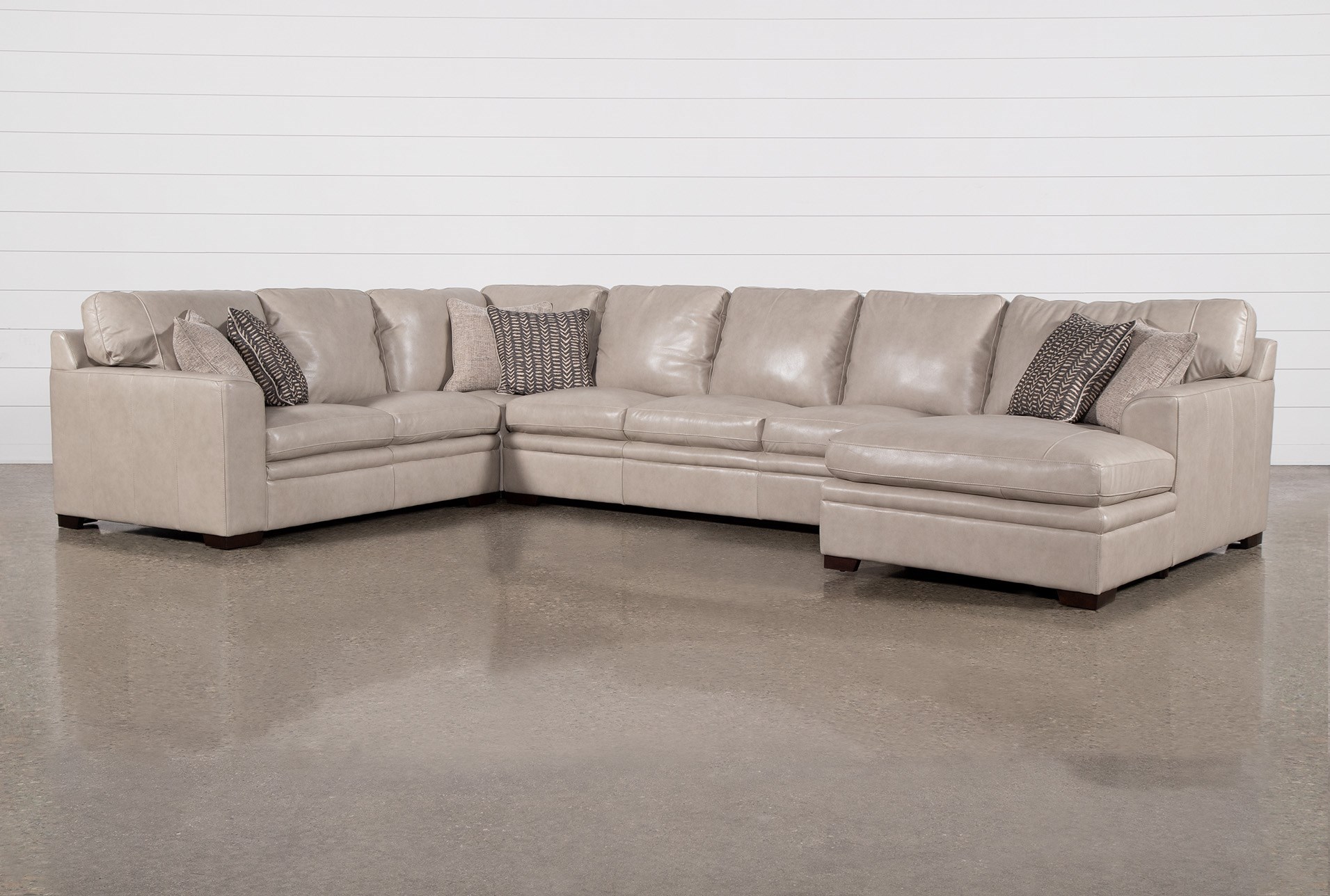 greer stone beige grey leather 4 piece 166" modular u-shaped sectional with right arm facing chaise & armless sofa | deep seated