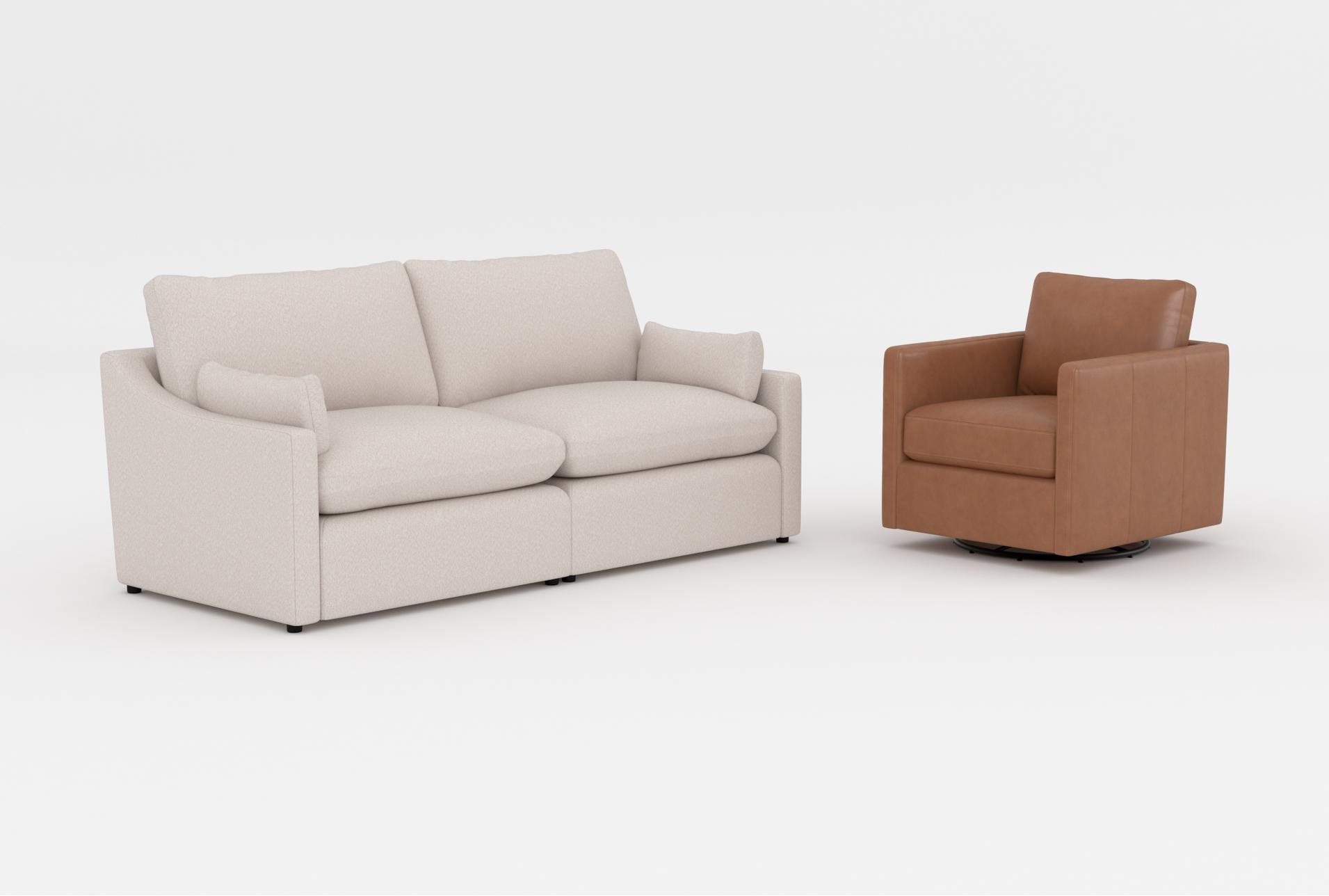 aaliyah cream beige boucle fabric modular 2 piece apartment sofa|dreanna butternut brown leather swivel accent arm chair