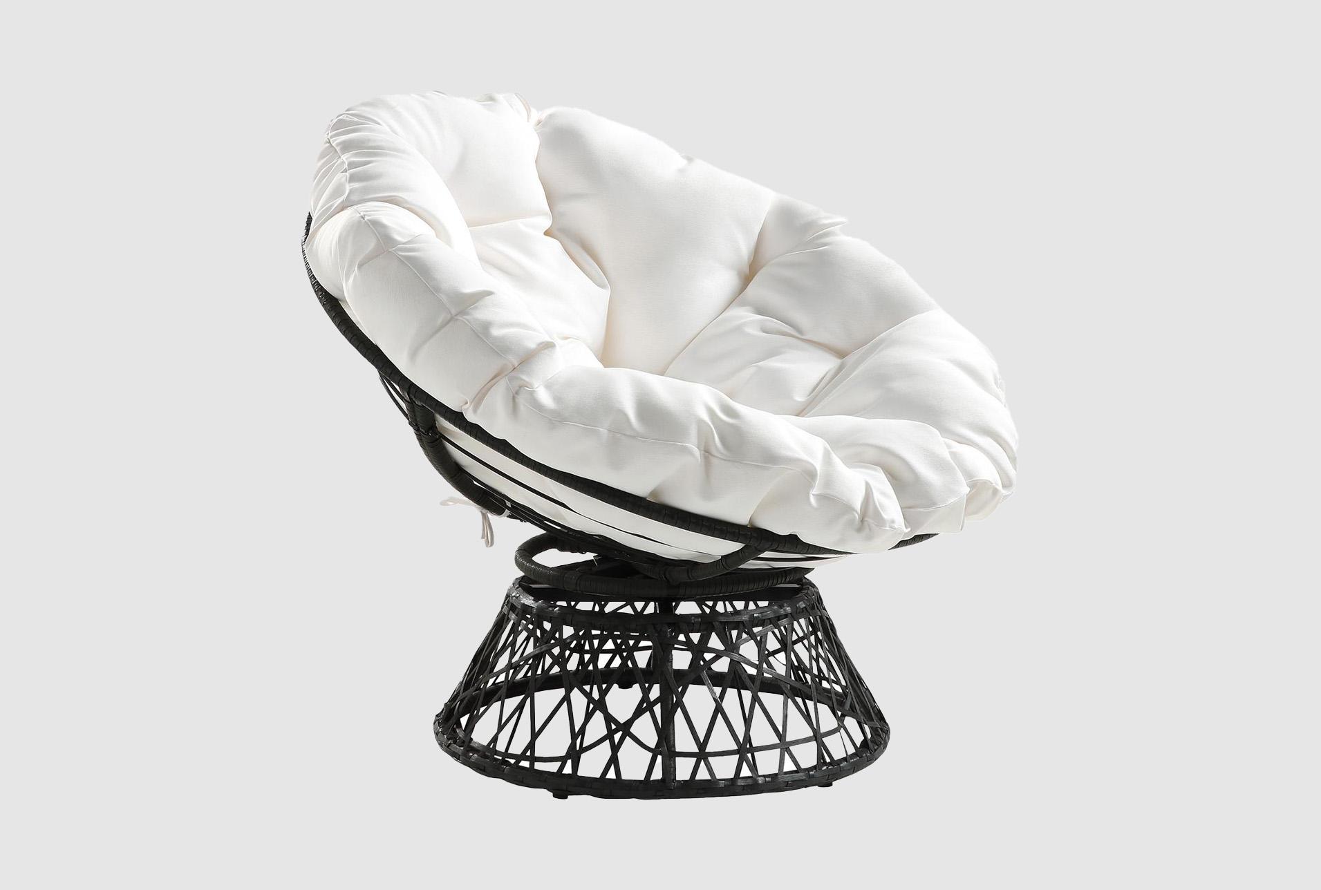 soleil white fabric swivel papasan chair with dark grey wicker frame | high performance fabric | solid | armless