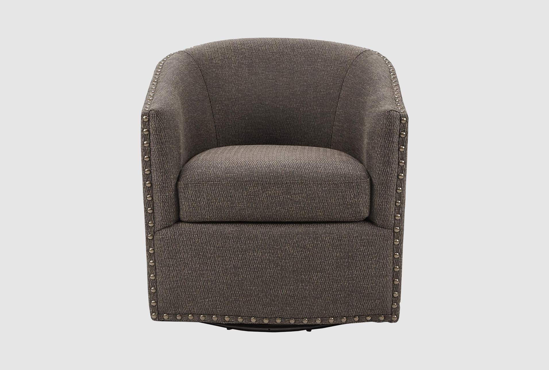 tyler chocolate brown plywood fabric swivel barrel chair | with arms | nailhead