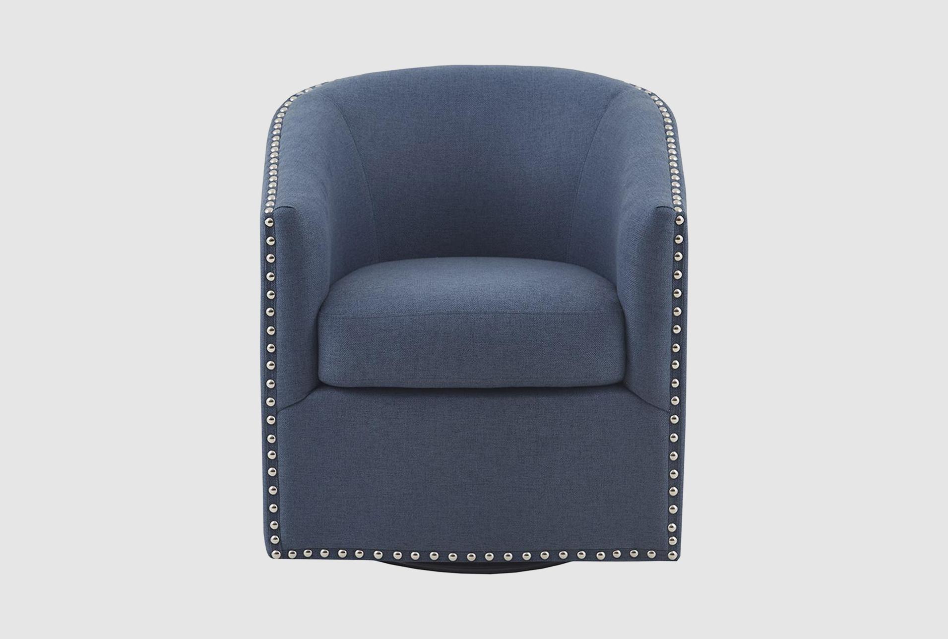 tyler blue fabric plywood swivel barrel chair | with arms