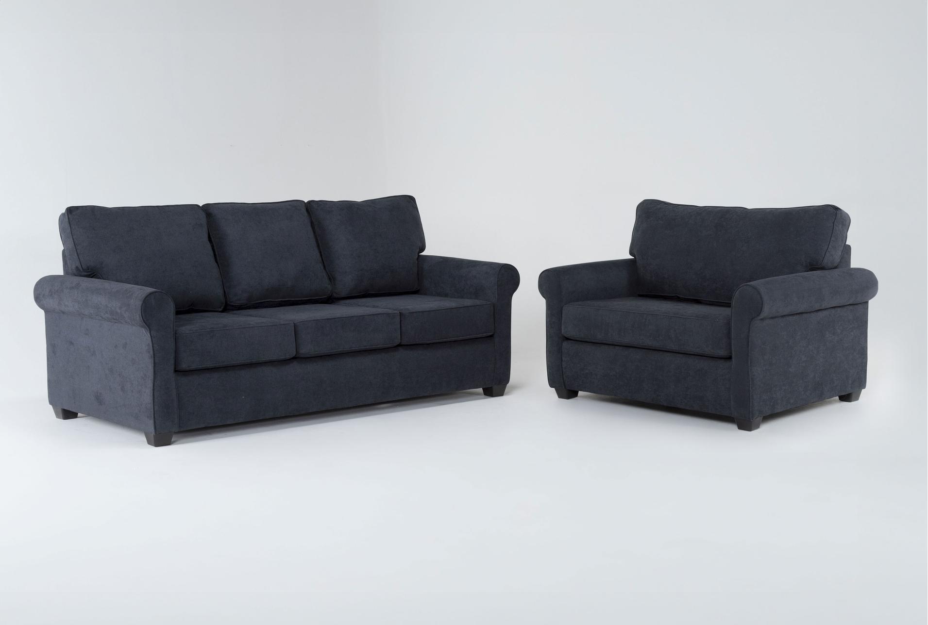 athos midnight navy blue fabric sofa/twin memory foam arm chair sleeper set | loose reversible back 1 athos midnight navy blue fabric sofa/twin memory foam arm chair sleeper set | loose reversible back
