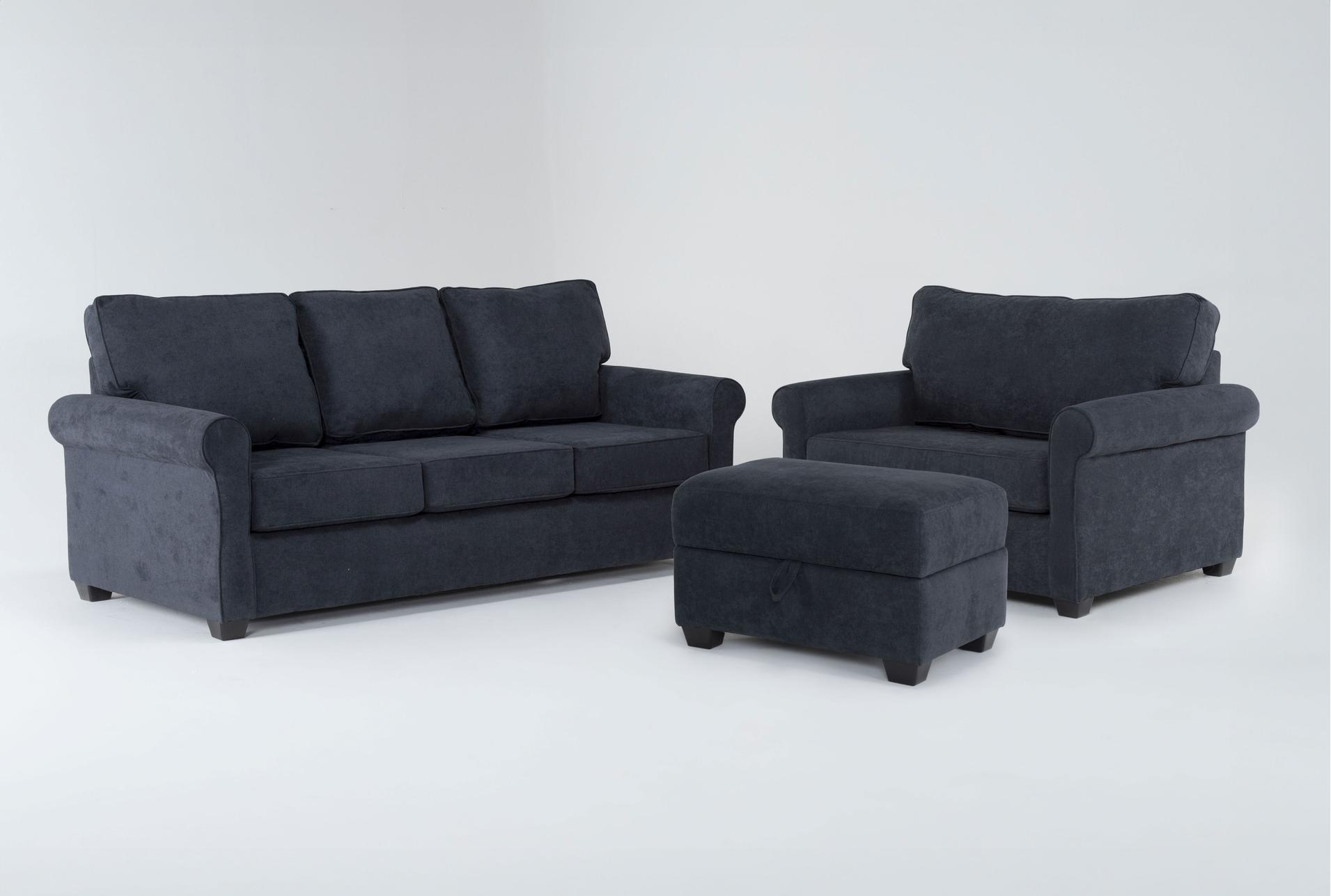 athos midnight blue fabric sofa/twin memory foam arm chair sleeper/storage ottoman set 1 athos midnight blue fabric sofa/twin memory foam arm chair sleeper/storage ottoman set