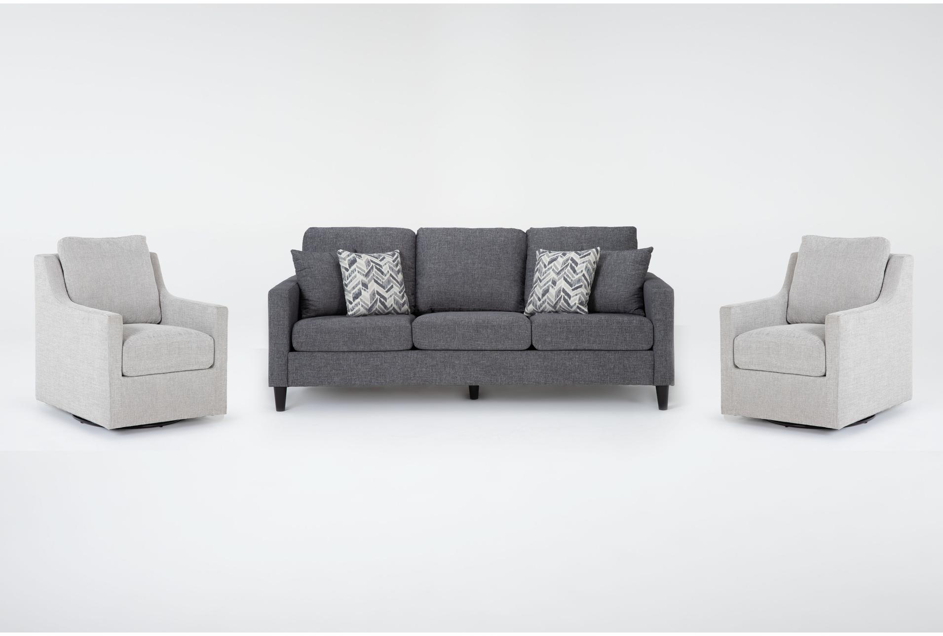 stark dark grey fabric sofa & 2 light grey fabric swivel arm chairs 1 stark dark grey fabric sofa & 2 light grey fabric swivel arm chairs