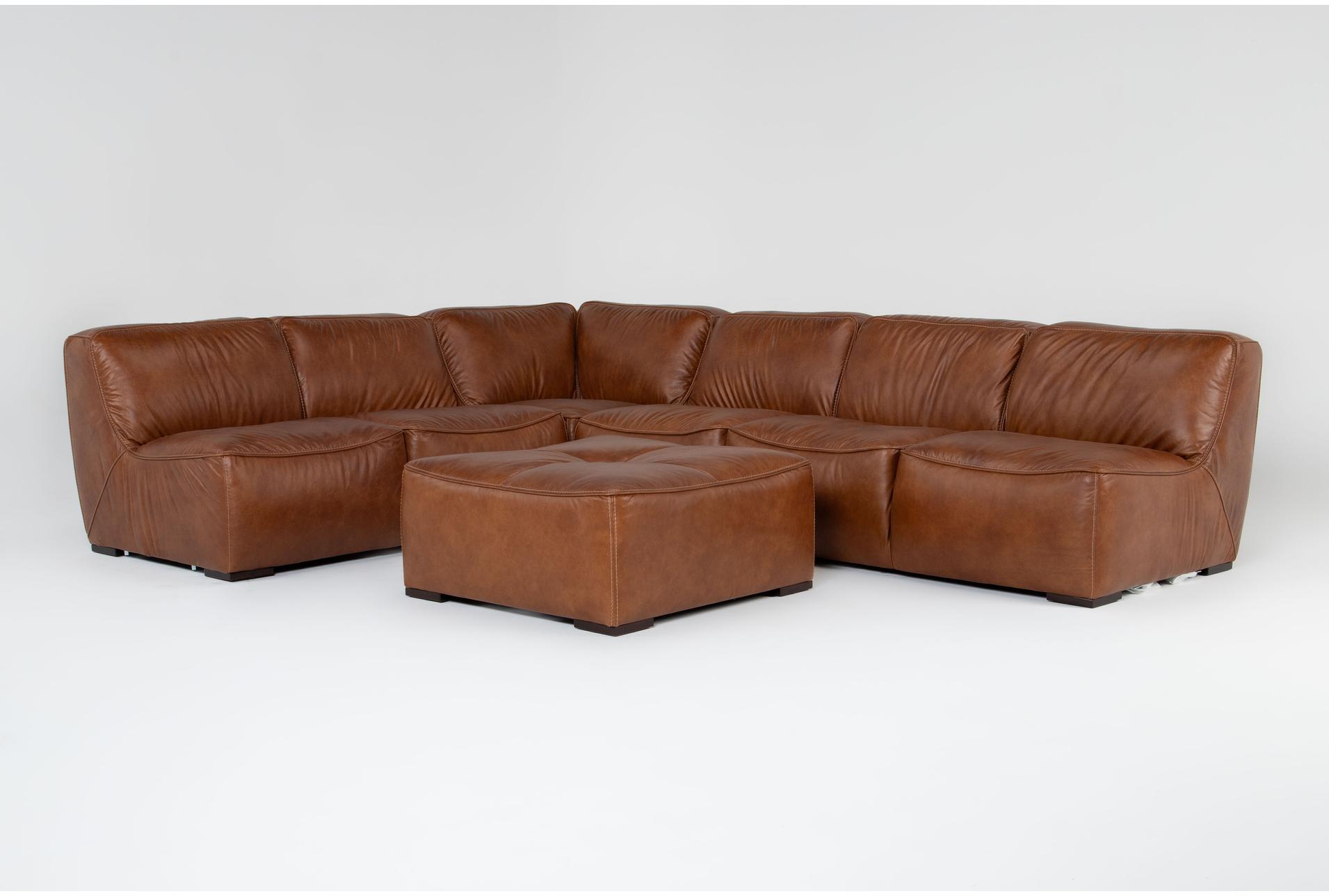 burton honey brown natural leather 132" 3 piece modular l-shaped sectional & ottoman | reversible | deep seated