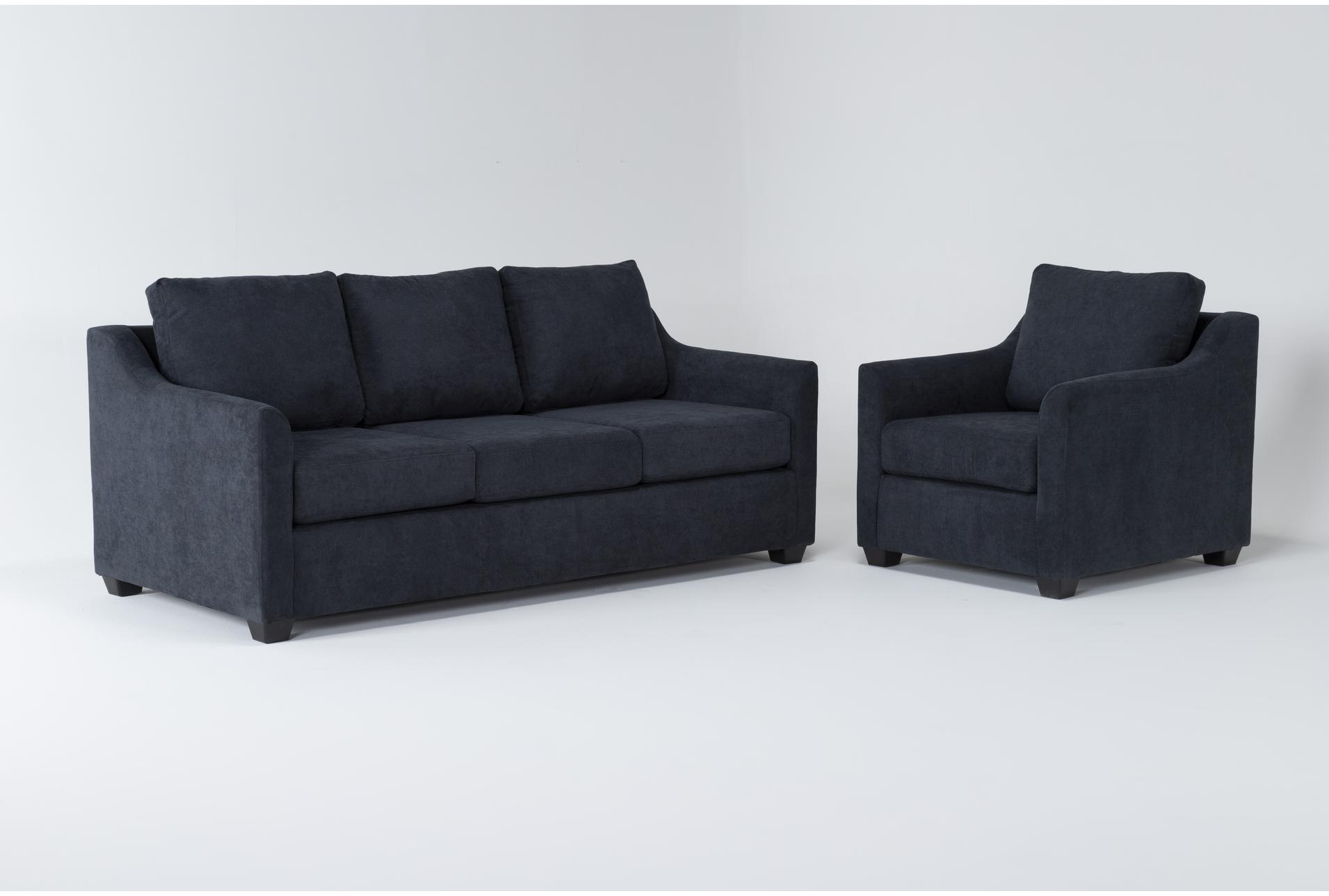 porthos midnight navy blue fabric 2 piece queen memory foam sleeper sofa bed & arm chair set | loose reversible back 1 porthos midnight navy blue fabric 2 piece queen memory foam sleeper sofa bed & arm chair set | loose reversible back