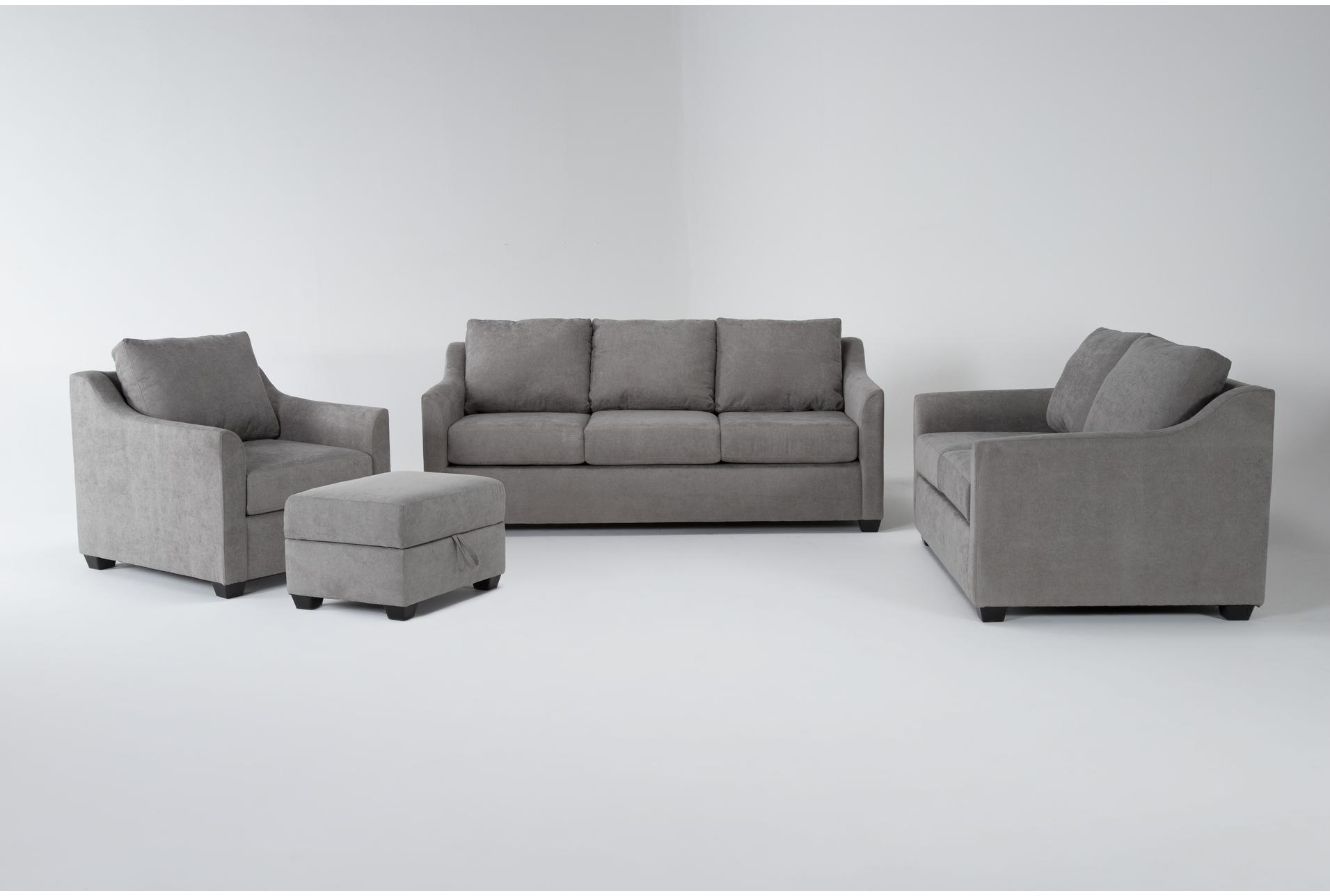 porthos vintage grey fabric 4 piece queen memory foam sleeper sofa bed loveseat arm chair & storage ottoman set 1 porthos vintage grey fabric 4 piece queen memory foam sleeper sofa bed loveseat arm chair & storage ottoman set