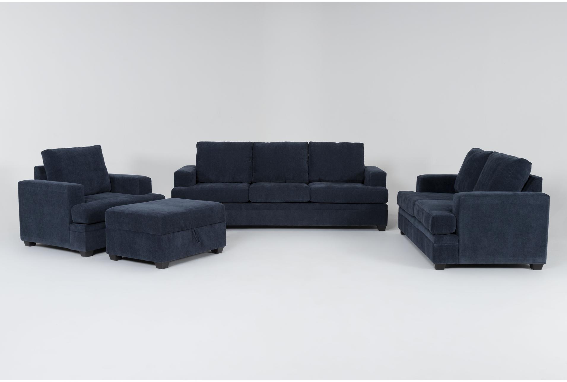 bonaterra midnight navy blue fabric 4 piece sofa loveseat oversized arm chair & storage ottoman set | loose reversible back 1 bonaterra midnight navy blue fabric 4 piece sofa loveseat oversized arm chair & storage ottoman set | loose reversible back