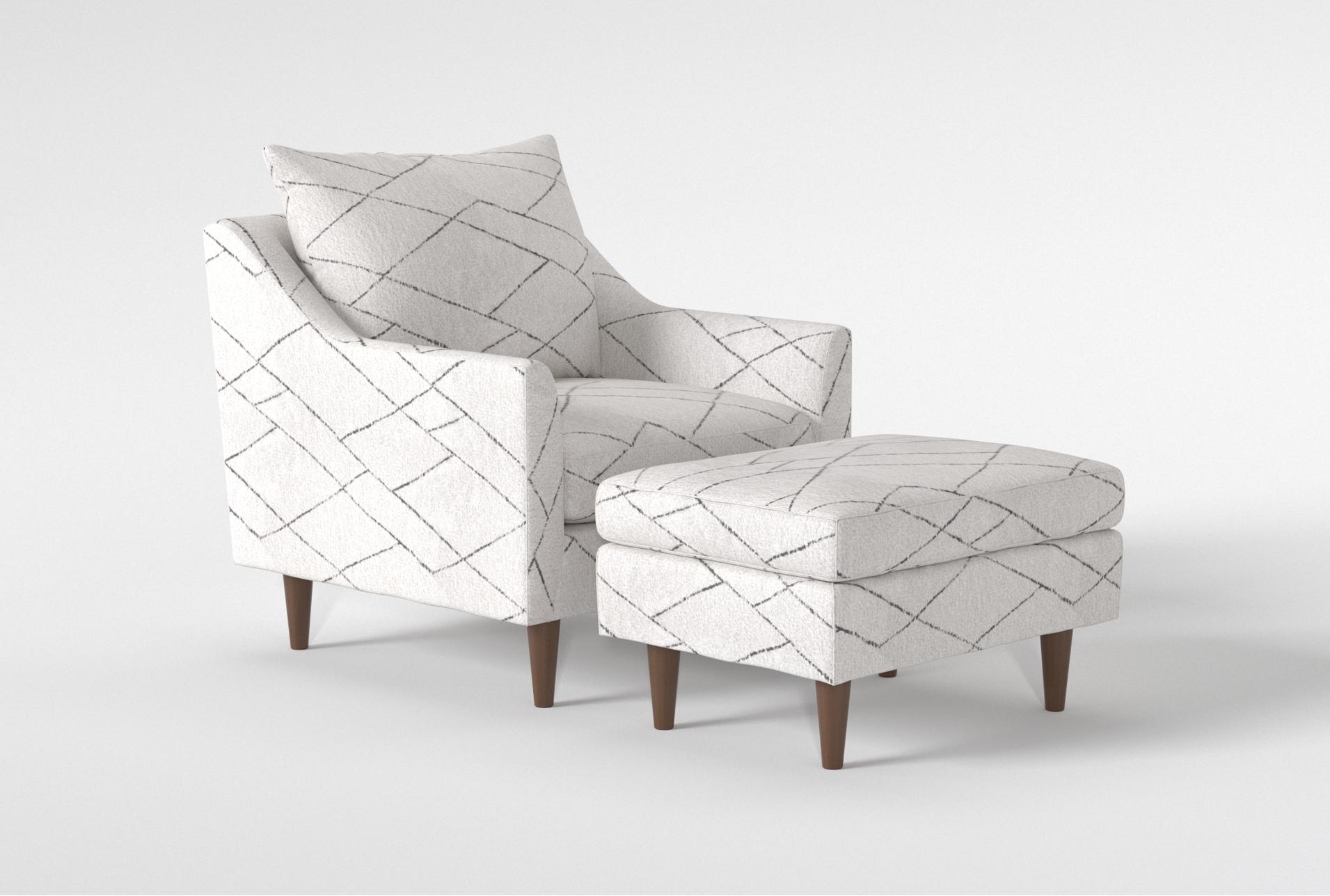 zoe white fabric accent arm chair/ottoman set with dark walnut finish | sets | made in the usa | armchair | geometric | club 9 zoe white fabric accent arm chair/ottoman set with dark walnut finish | sets | made in the usa | armchair | geometric | club