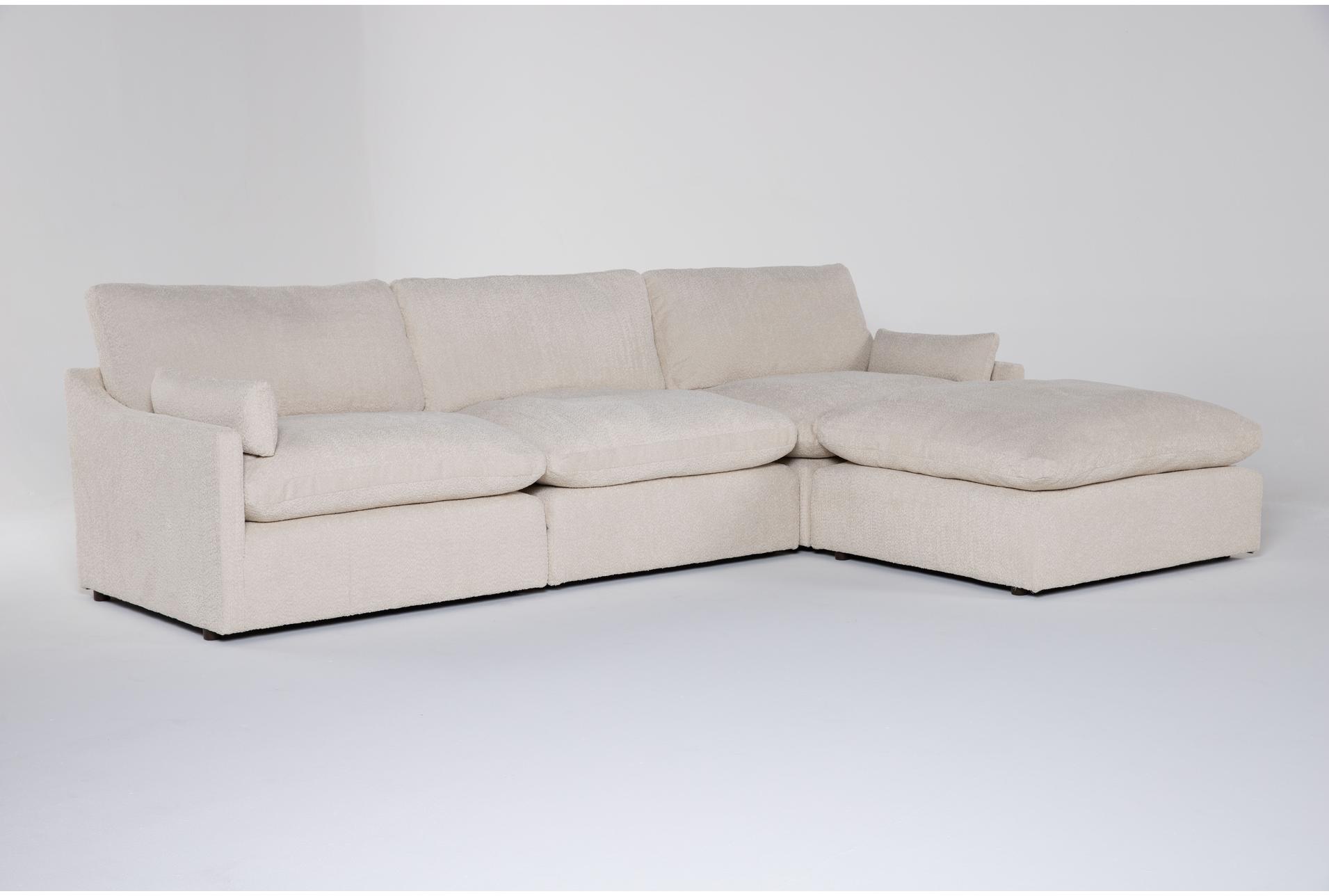 aaliyah cream beige boucle fabric modular 3 piece sofa with ottoman | reversible | loose reversible back