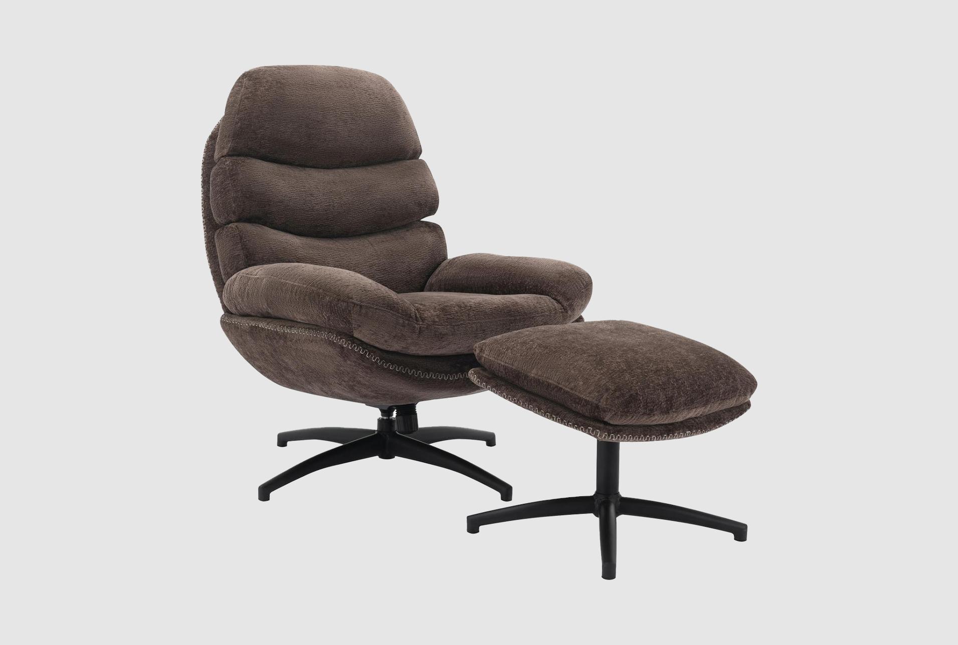 kerry brown fabric wood swivel lounge chair & footrest with black base | high performance fabric | armless 1 kerry brown fabric wood swivel lounge chair & footrest with black base | high performance fabric | armless