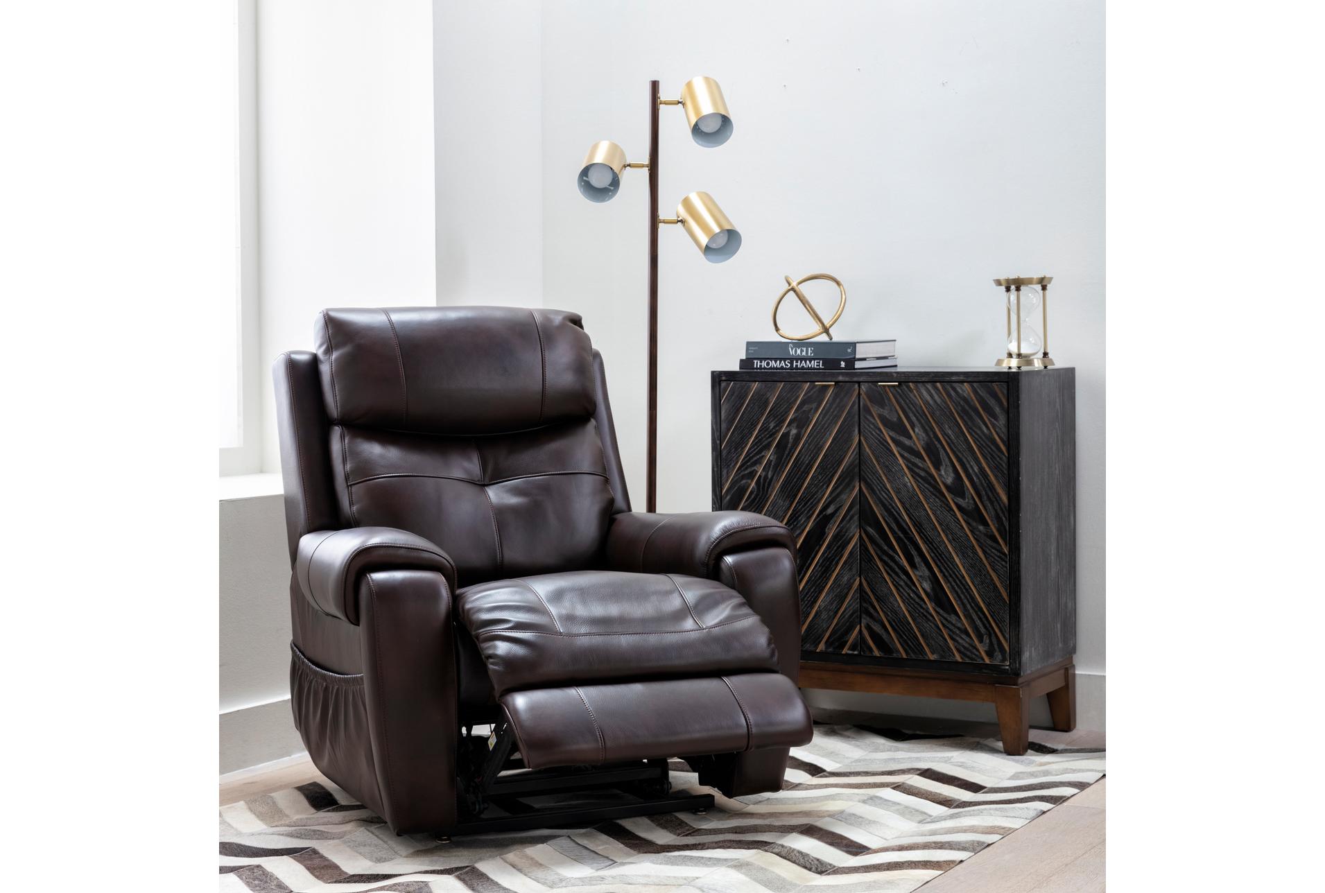 carl chocolate brown leather oversized power lift recliner with power headrest & heat 28 carl chocolate brown leather oversized power lift recliner with power headrest & heat