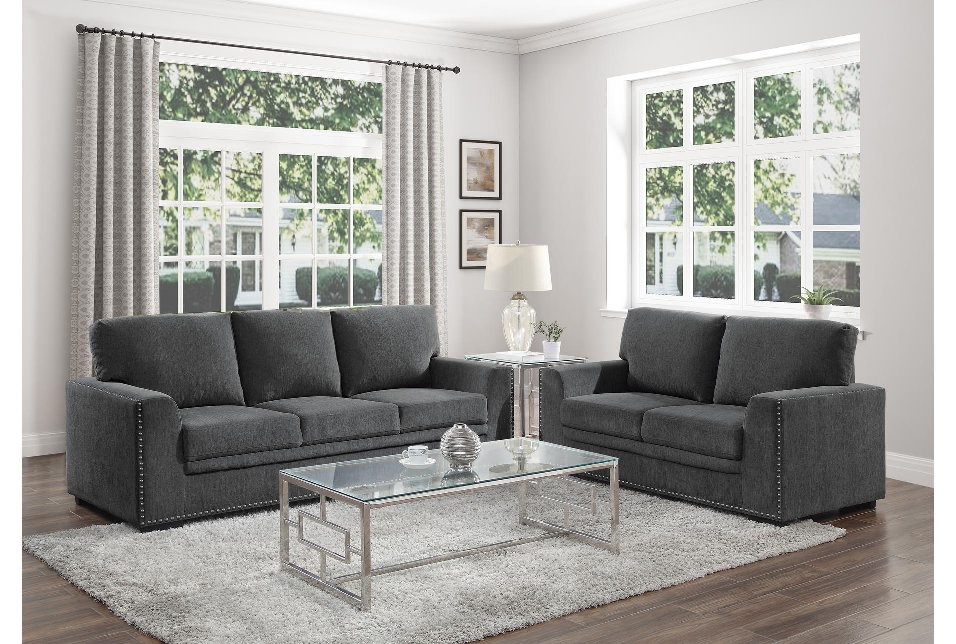 lennon charcoal grey fabric 62" loveseat | nailhead 16 lennon charcoal grey fabric 62" loveseat | nailhead