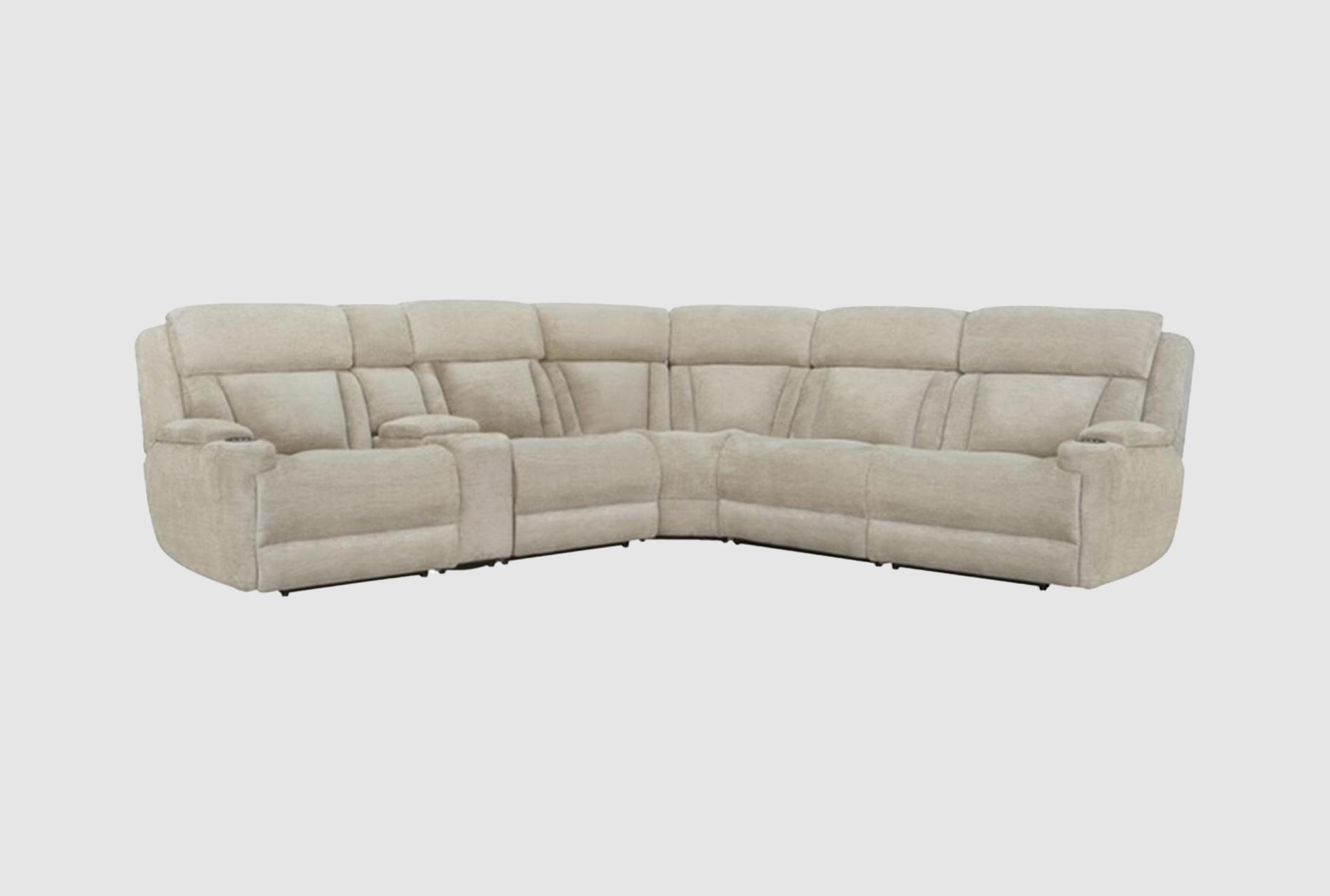 elisa fawn white polyester 129" 6 piece power reclining sectional with power headrest wireless charging storage cupholders light & usb 1 elisa fawn white polyester 129" 6 piece power reclining sectional with power headrest wireless charging storage cupholders light & usb