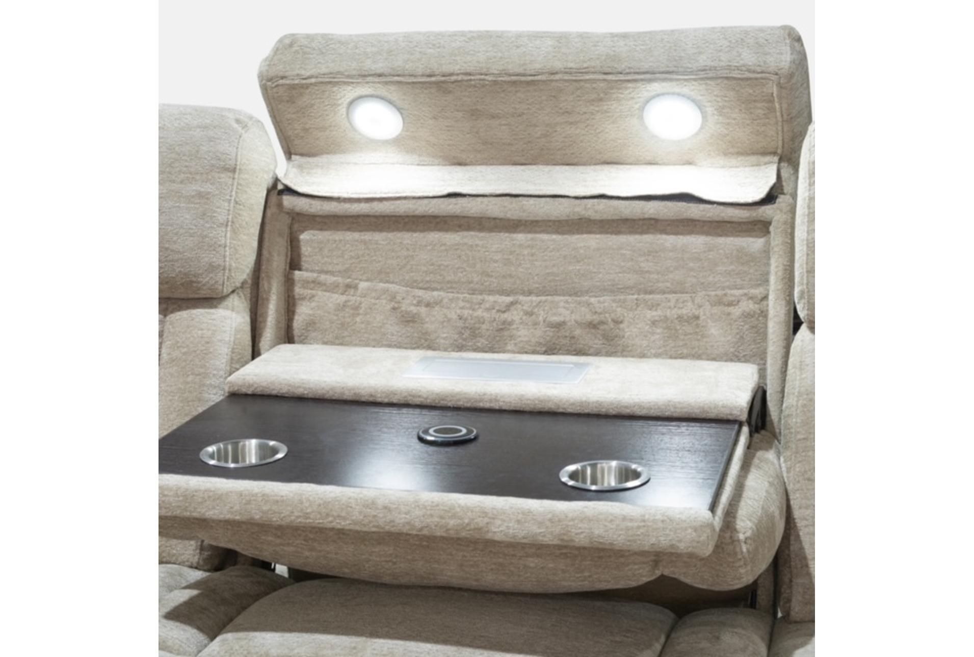 elisa fawn white polyester 129" 6 piece power reclining sectional with power headrest wireless charging storage cupholders light & usb 10 elisa fawn white polyester 129" 6 piece power reclining sectional with power headrest wireless charging storage cupholders light & usb