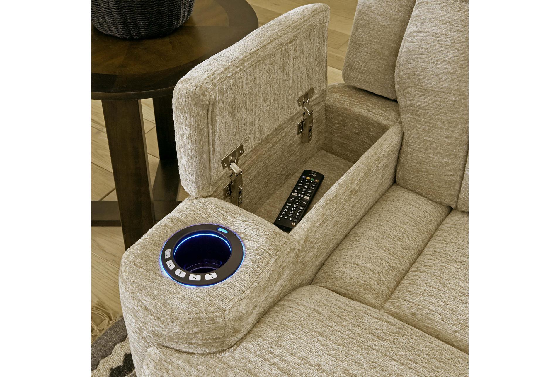 elisa fawn white polyester 129" 6 piece power reclining sectional with power headrest wireless charging storage cupholders light & usb 11 elisa fawn white polyester 129" 6 piece power reclining sectional with power headrest wireless charging storage cupholders light & usb