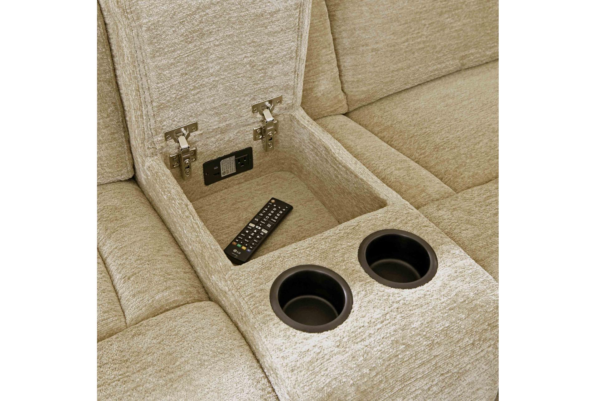 elisa fawn white polyester 129" 6 piece power reclining sectional with power headrest wireless charging storage cupholders light & usb 13 elisa fawn white polyester 129" 6 piece power reclining sectional with power headrest wireless charging storage cupholders light & usb