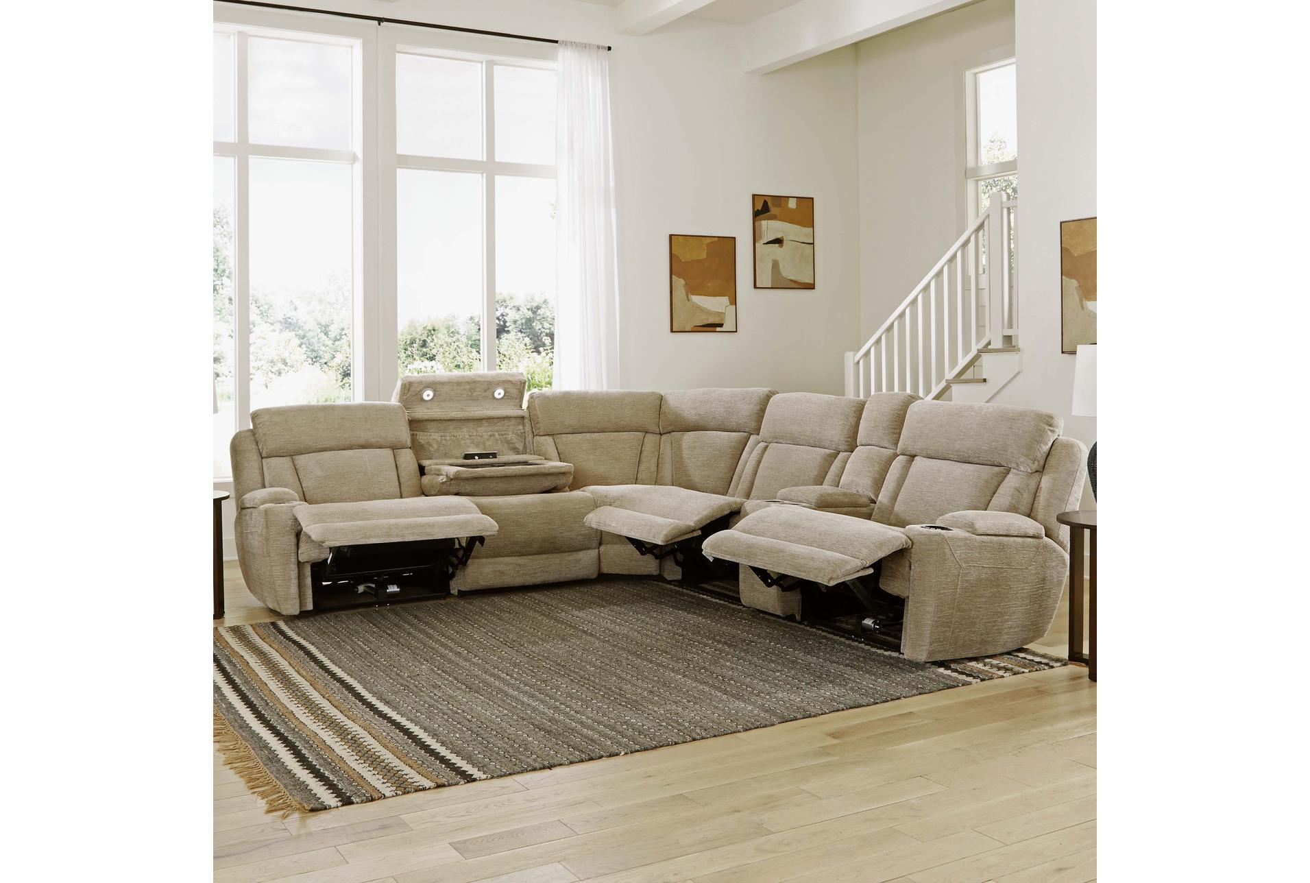 elisa fawn white polyester 129" 6 piece power reclining sectional with power headrest wireless charging storage cupholders light & usb 14 elisa fawn white polyester 129" 6 piece power reclining sectional with power headrest wireless charging storage cupholders light & usb