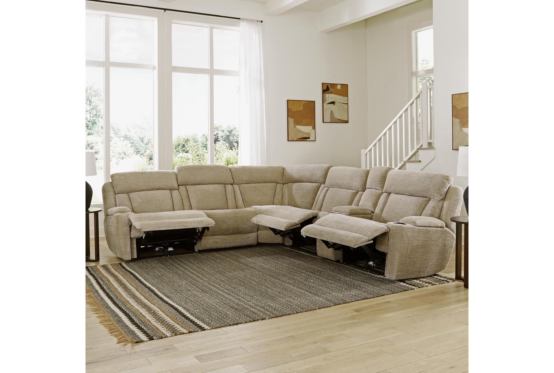 elisa fawn white polyester 129" 6 piece power reclining sectional with power headrest wireless charging storage cupholders light & usb 16 elisa fawn white polyester 129" 6 piece power reclining sectional with power headrest wireless charging storage cupholders light & usb