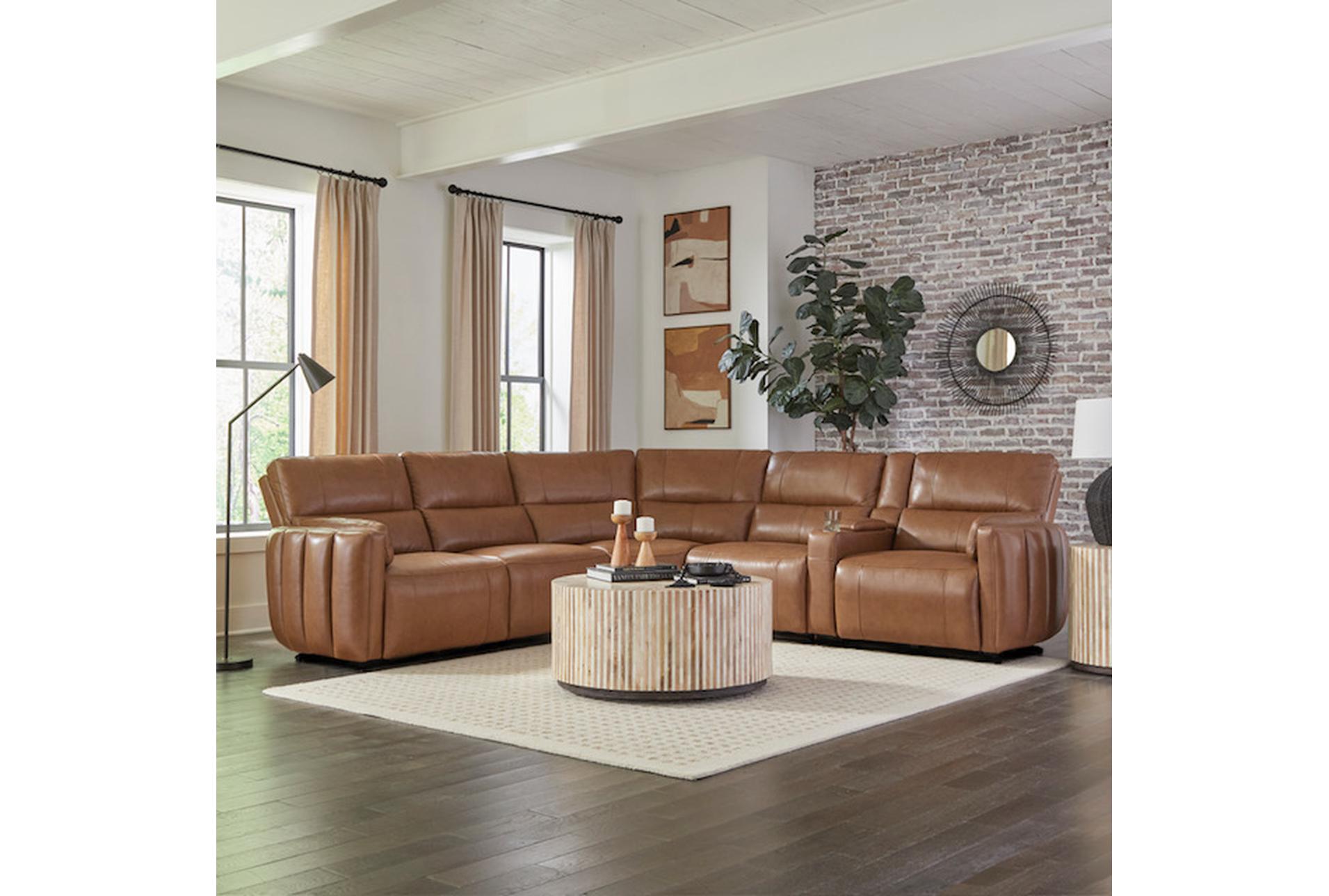 mozelle sable brown natural leather 119" 6 piece power reclining sectional with power headrests storage cupholders & usb | adjustable headrests 12 mozelle sable brown natural leather 119" 6 piece power reclining sectional with power headrests storage cupholders & usb | adjustable headrests
