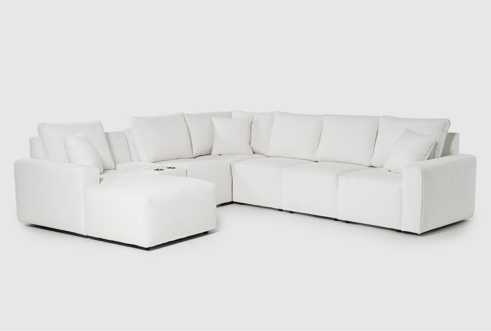 holland cream white performance fabric modular 7 piece sectional with left arm facing chaise & console 1 holland cream white performance fabric modular 7 piece sectional with left arm facing chaise & console