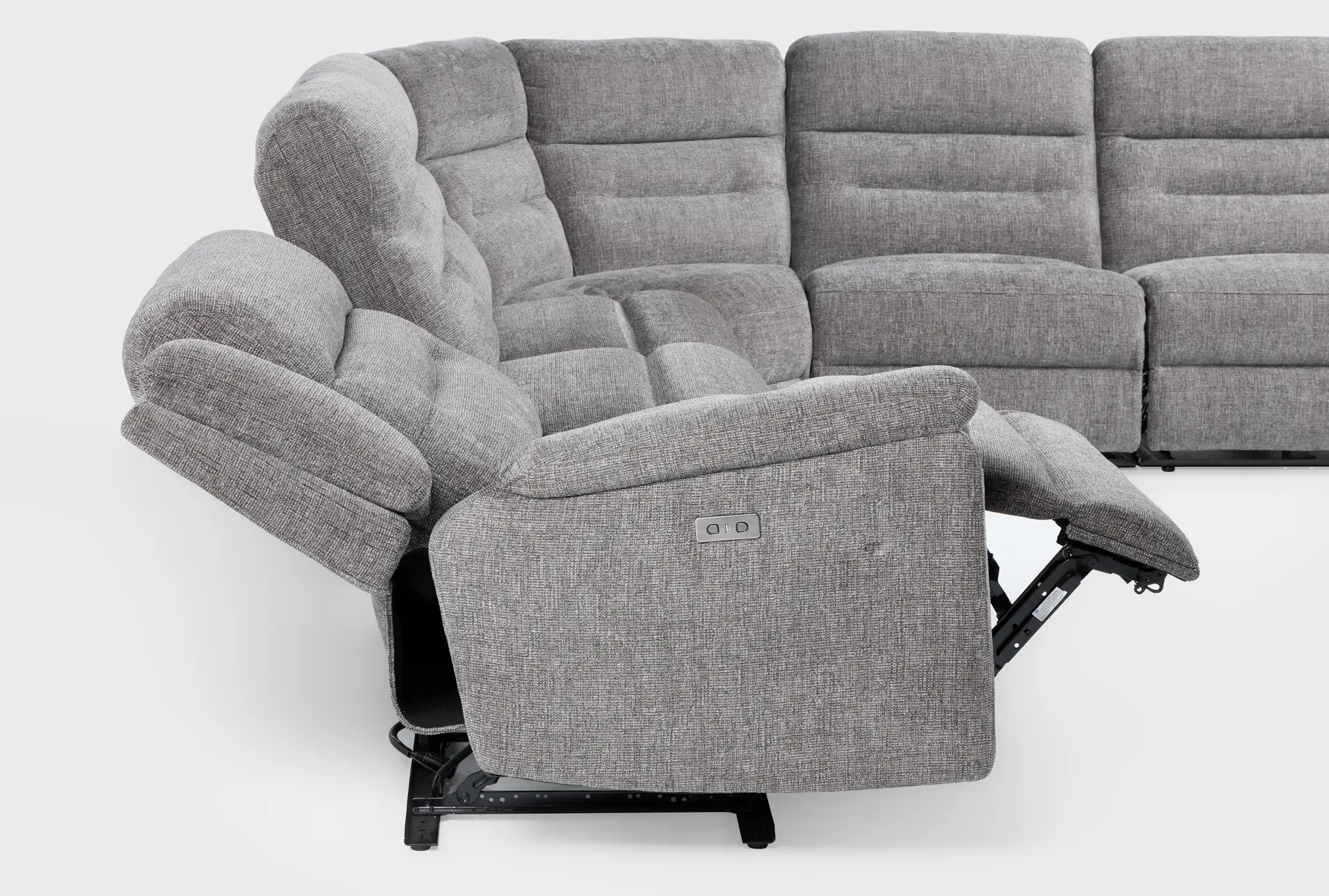 dutton grey fabric 150" 6 piece power reclining modular sectional with 2 armless chairs 25 dutton grey fabric 150" 6 piece power reclining modular sectional with 2 armless chairs