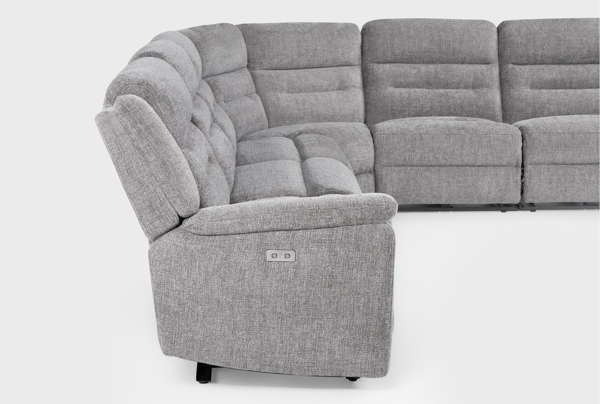 dutton grey fabric 150" 6 piece power reclining modular sectional with 2 armless chairs 15 dutton grey fabric 150" 6 piece power reclining modular sectional with 2 armless chairs