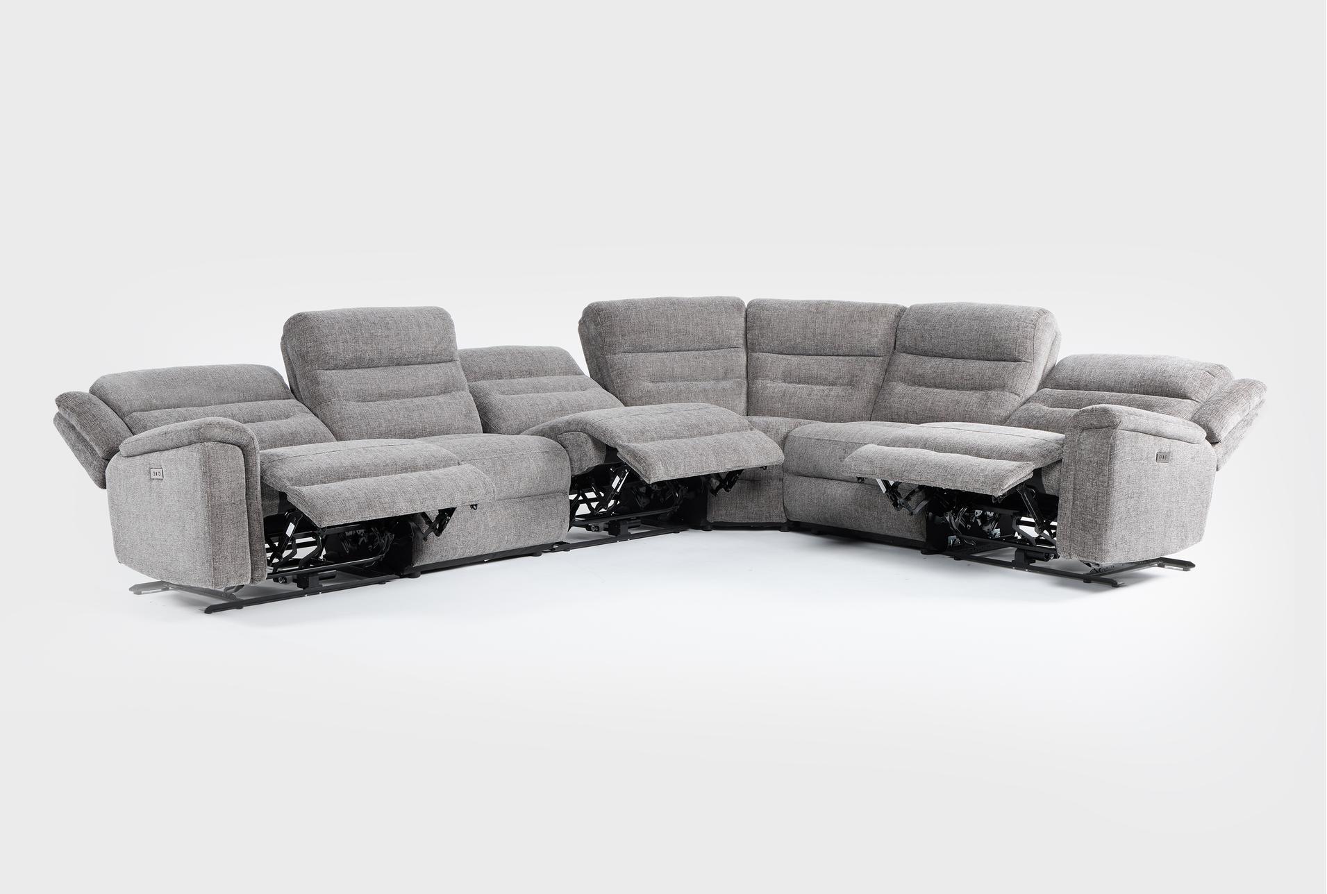 dutton grey fabric 150" 6 piece power reclining modular sectional with 2 armless chairs 17 dutton grey fabric 150" 6 piece power reclining modular sectional with 2 armless chairs