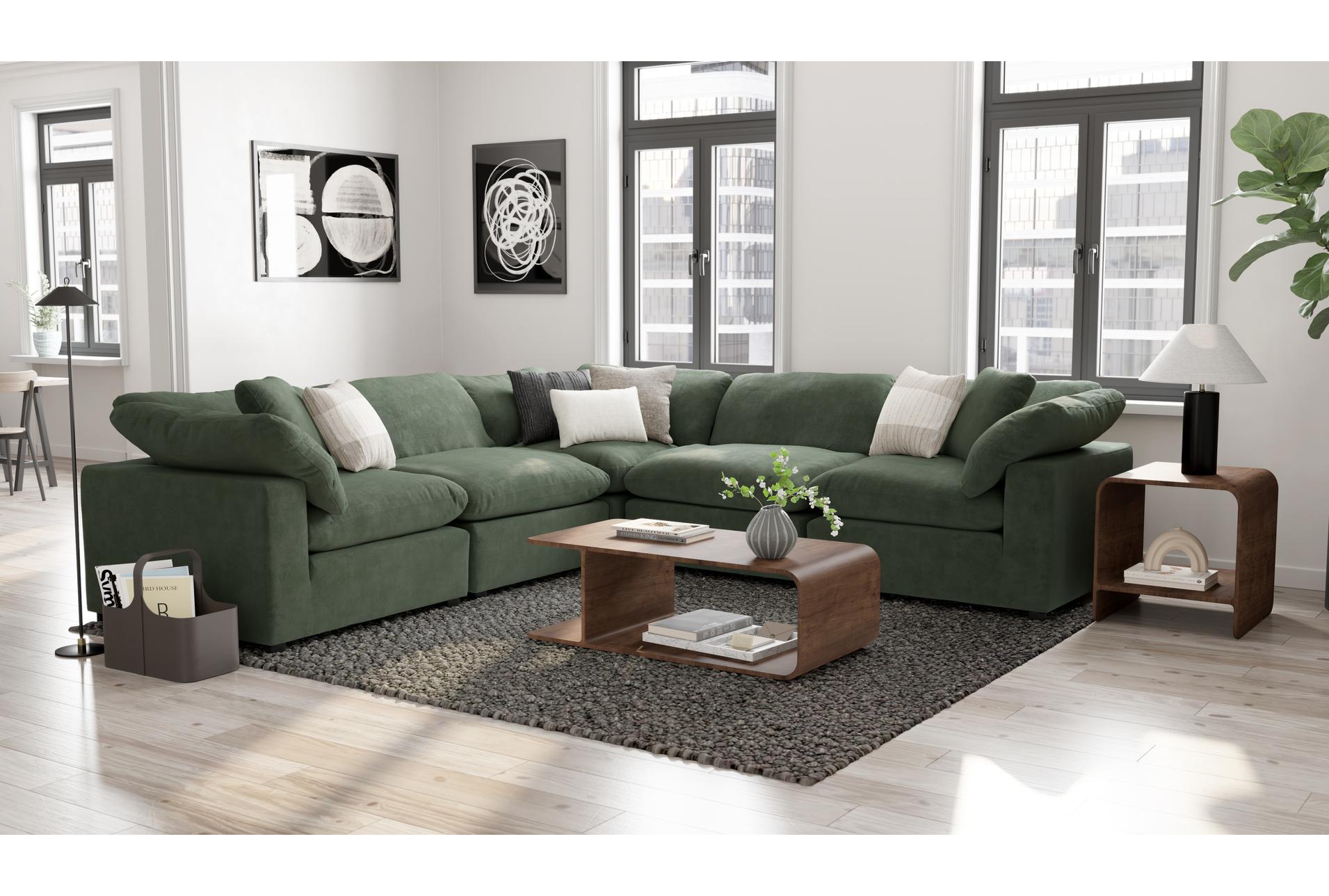 zone green fabric 5 piece modular l-shaped sectional with 3 corners 2 armless chairs | reversible | loose reversible back 12 zone green fabric 5 piece modular l-shaped sectional with 3 corners 2 armless chairs | reversible | loose reversible back