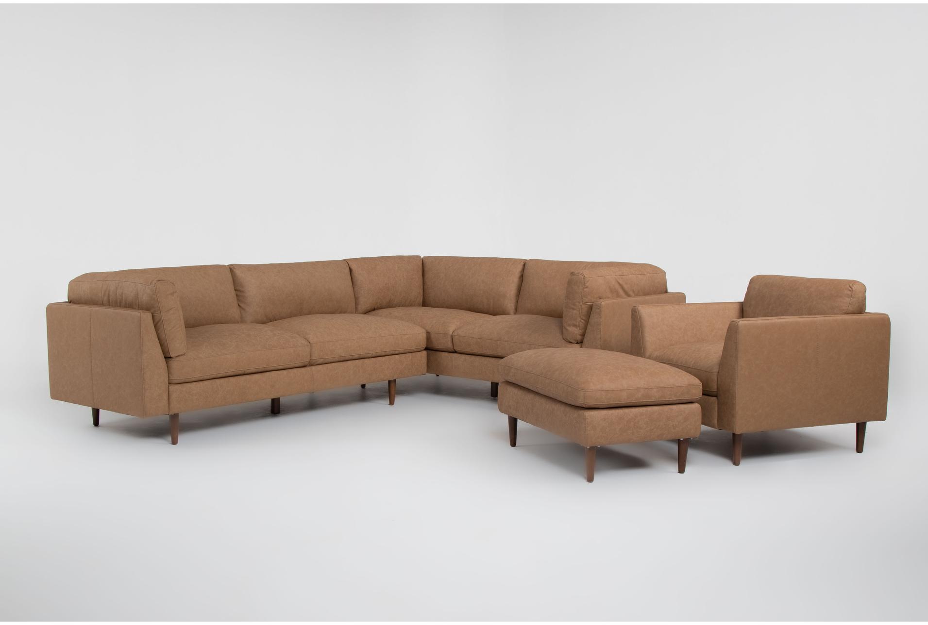 ewan caramel brown leather 2 piece 114" sectional with left arm facing sofa chair & cocktail ottoman 1 ewan caramel brown leather 2 piece 114" sectional with left arm facing sofa chair & cocktail ottoman
