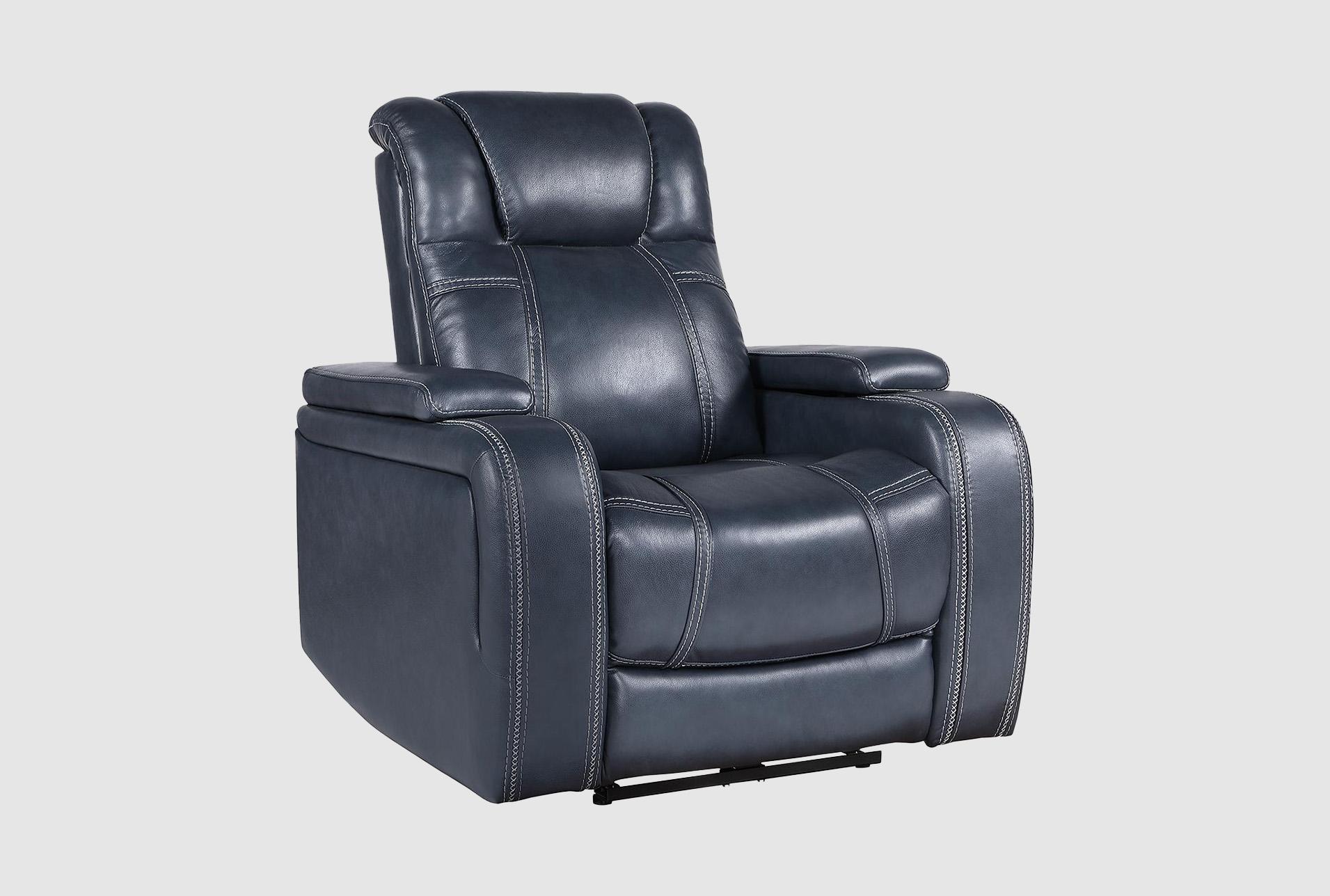 elkton blue leather 38" power reclining chair with power headrest storage arms & usb | button 1 elkton blue leather 38" power reclining chair with power headrest storage arms & usb | button