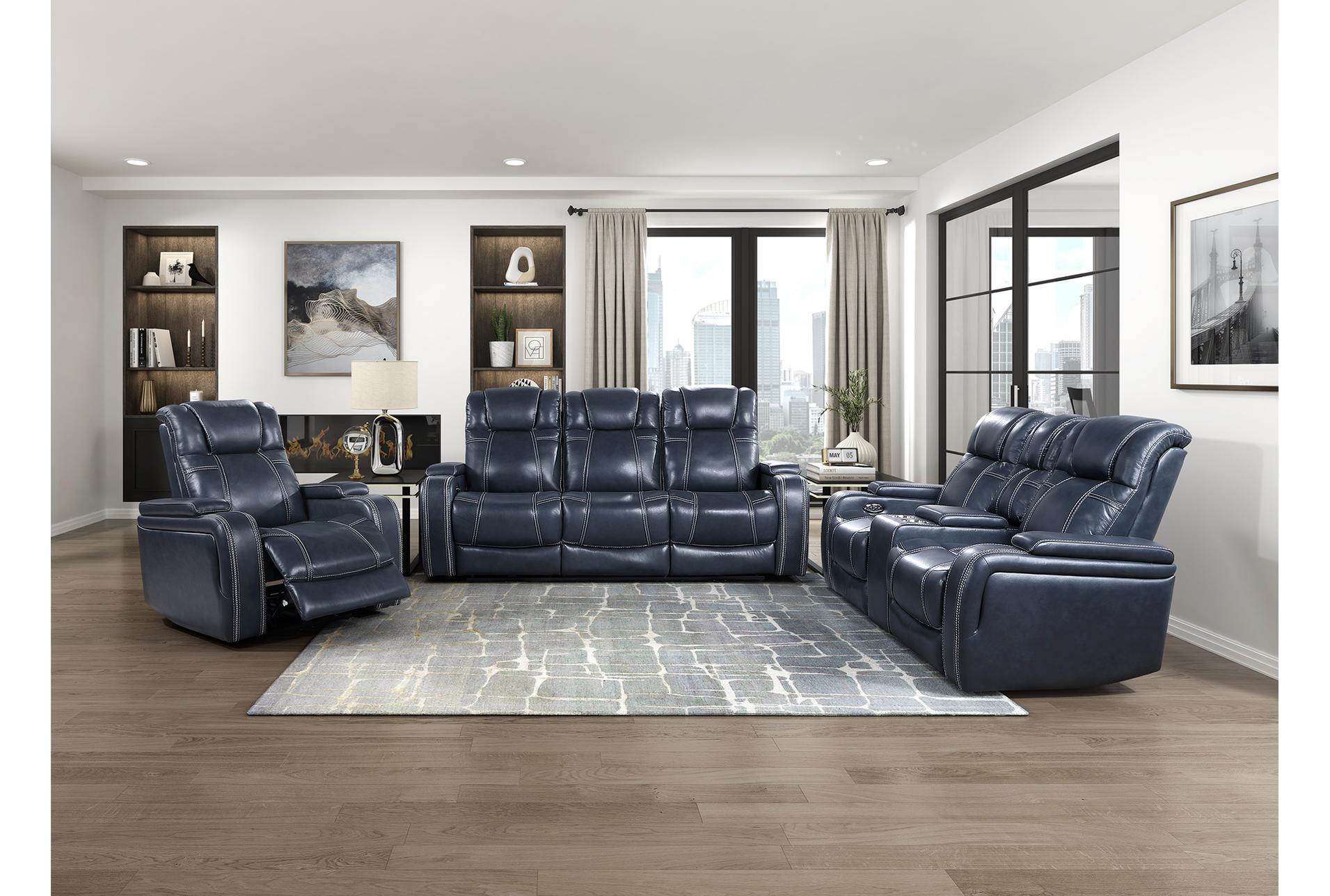 elkton blue leather 38" power reclining chair with power headrest storage arms & usb | button 22 elkton blue leather 38" power reclining chair with power headrest storage arms & usb | button
