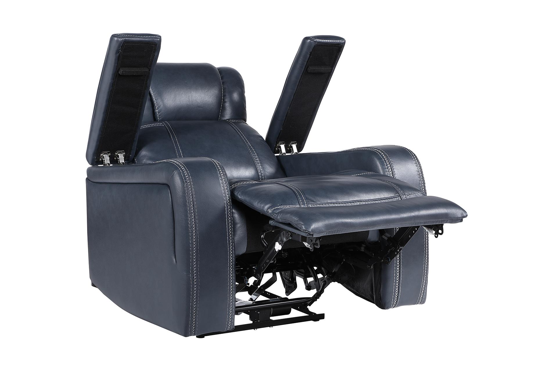 elkton blue leather 38" power reclining chair with power headrest storage arms & usb | button 17 elkton blue leather 38" power reclining chair with power headrest storage arms & usb | button