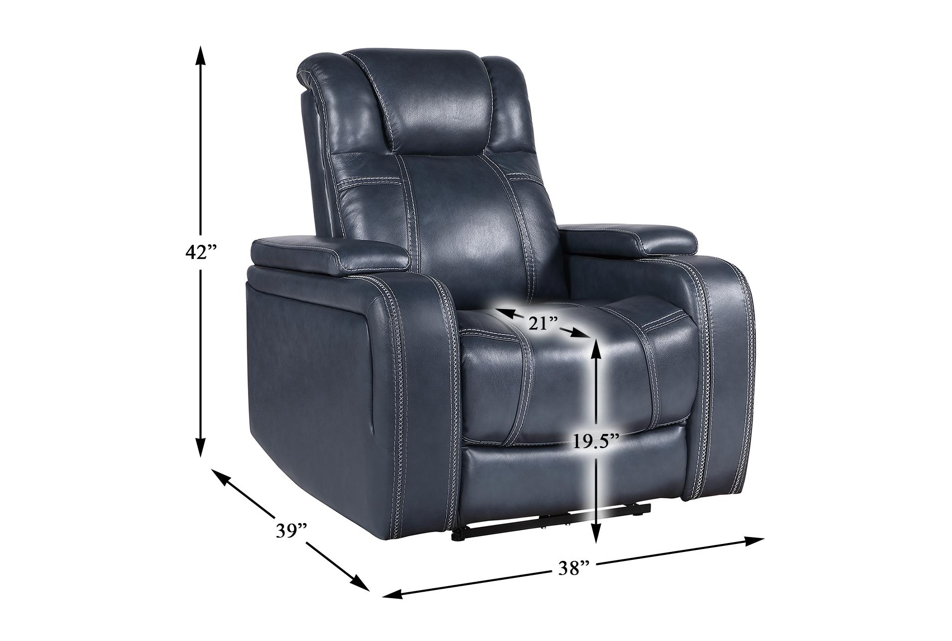 elkton blue leather 38" power reclining chair with power headrest storage arms & usb | button 20 elkton blue leather 38" power reclining chair with power headrest storage arms & usb | button