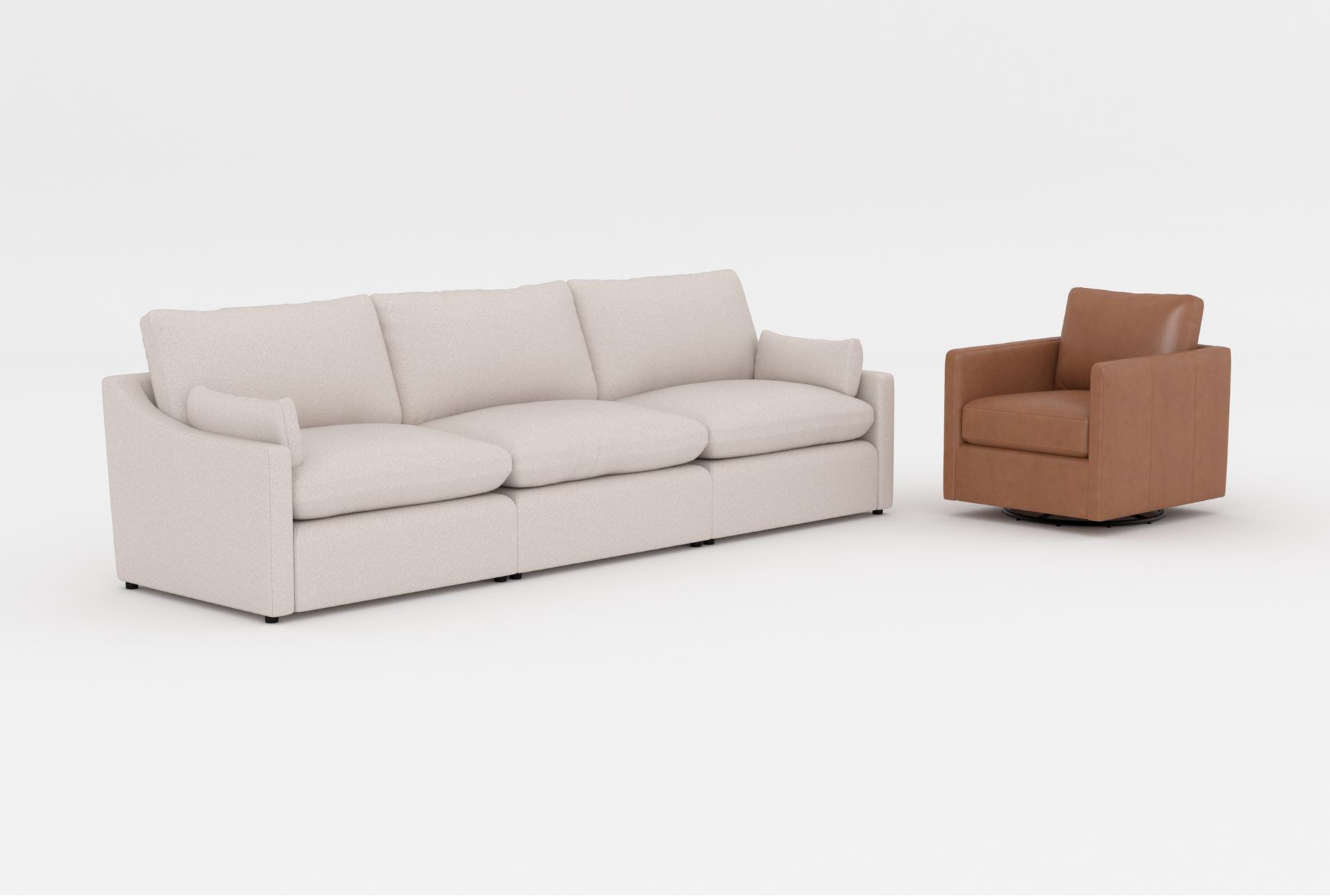 aaliyah cream beige boucle fabric modular 3 piece sofa|dreanna butternut brown leather swivel accent arm chair