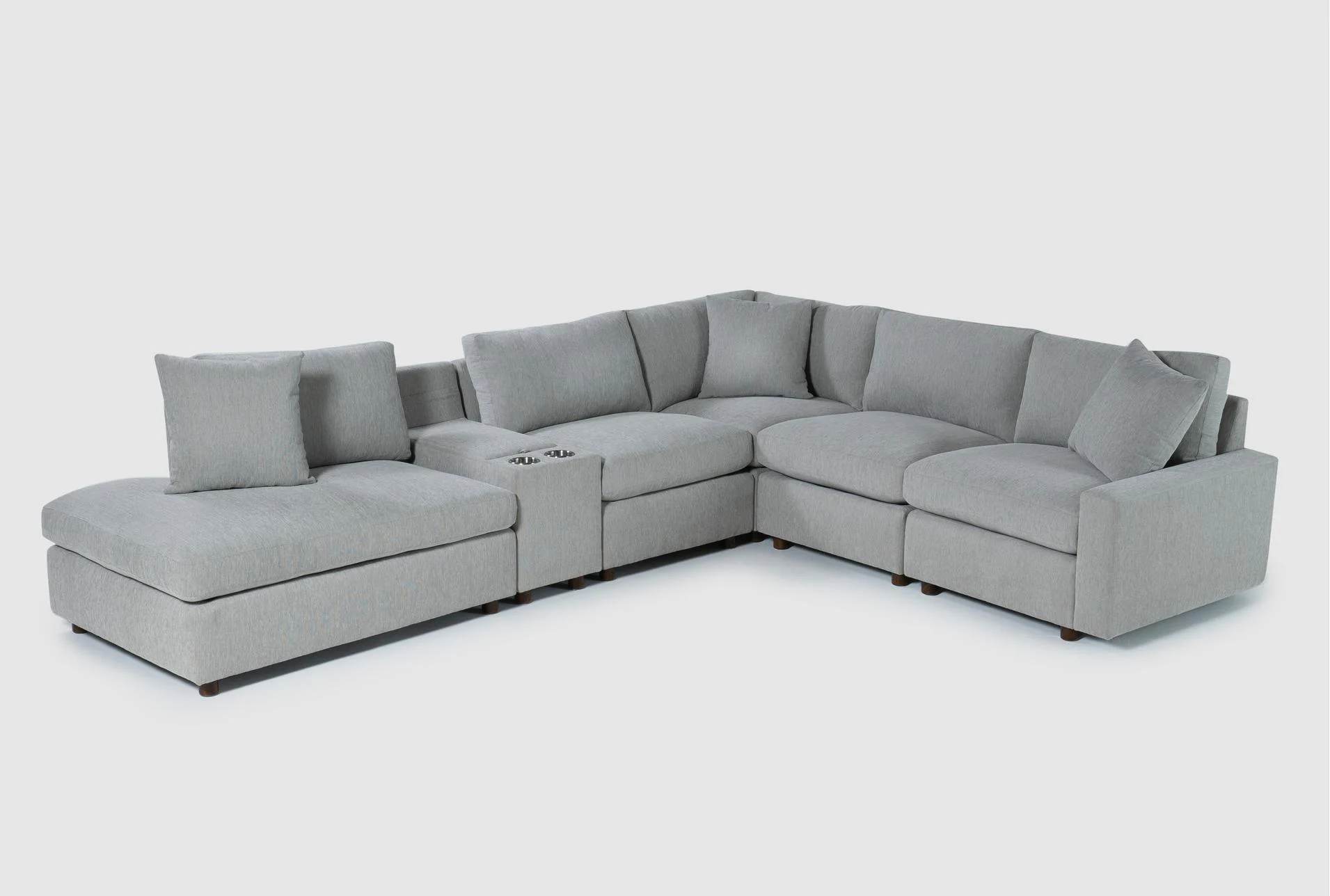 siena mist grey performance fabric 6 piece 124" modular flexsteel sectional with left arm facing bumper chaise and console storage cupholders and usb 1 siena mist grey performance fabric 6 piece 124" modular flexsteel sectional with left arm facing bumper chaise and console storage cupholders and usb