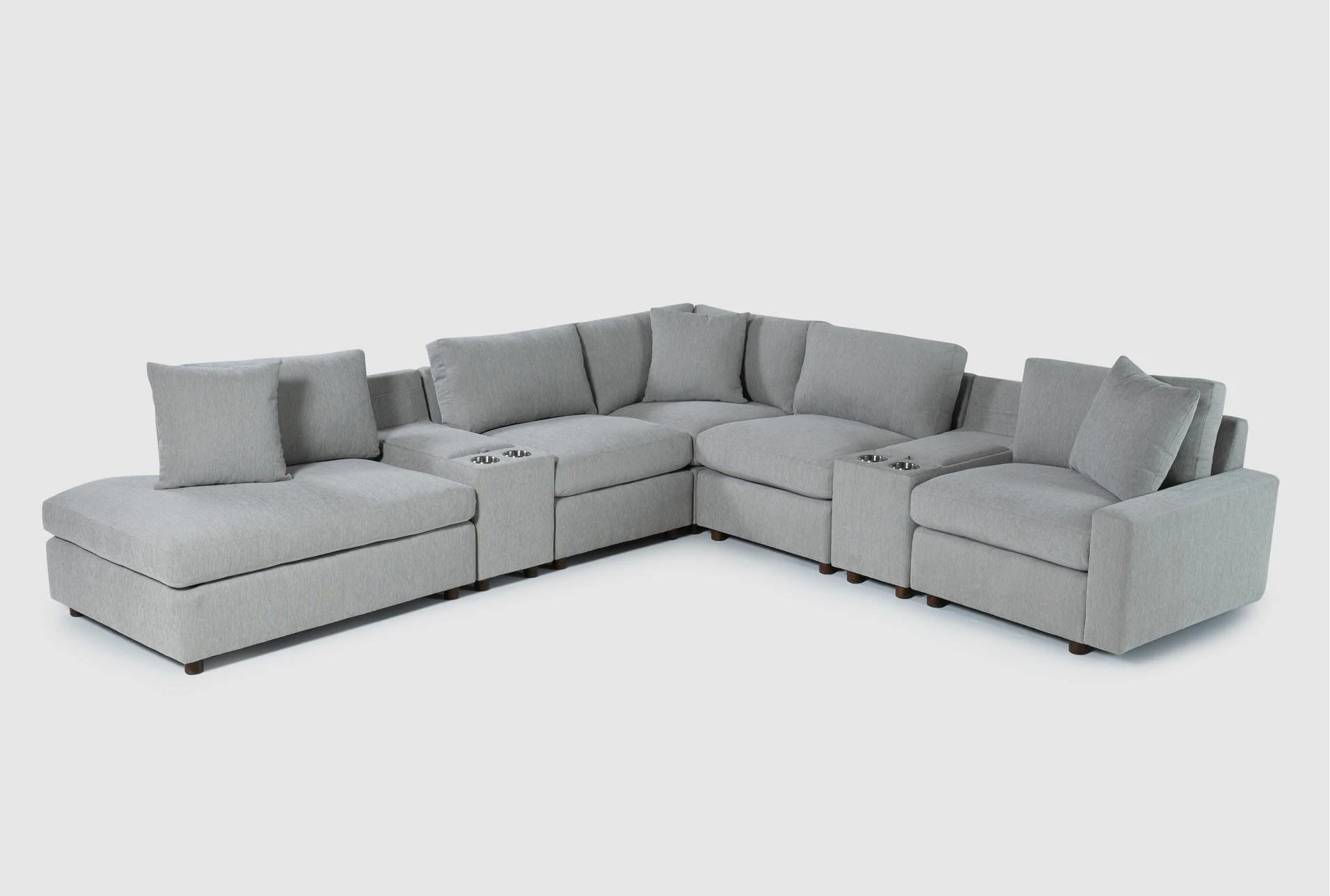siena mist grey performance fabric 7 piece 124" modular flexsteel sectional with left arm facing bumper chaise and dual console storage cupholders and usb 1 siena mist grey performance fabric 7 piece 124" modular flexsteel sectional with left arm facing bumper chaise and dual console storage cupholders and usb