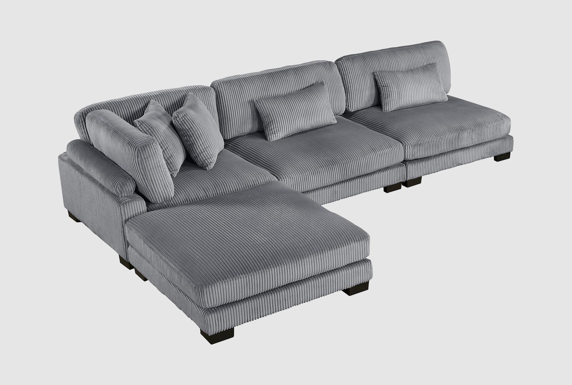 ellery grey corduroy 4-piece modular sectional with ottoman | fabric | reversible | loose reversible back 1 ellery grey corduroy 4-piece modular sectional with ottoman | fabric | reversible | loose reversible back