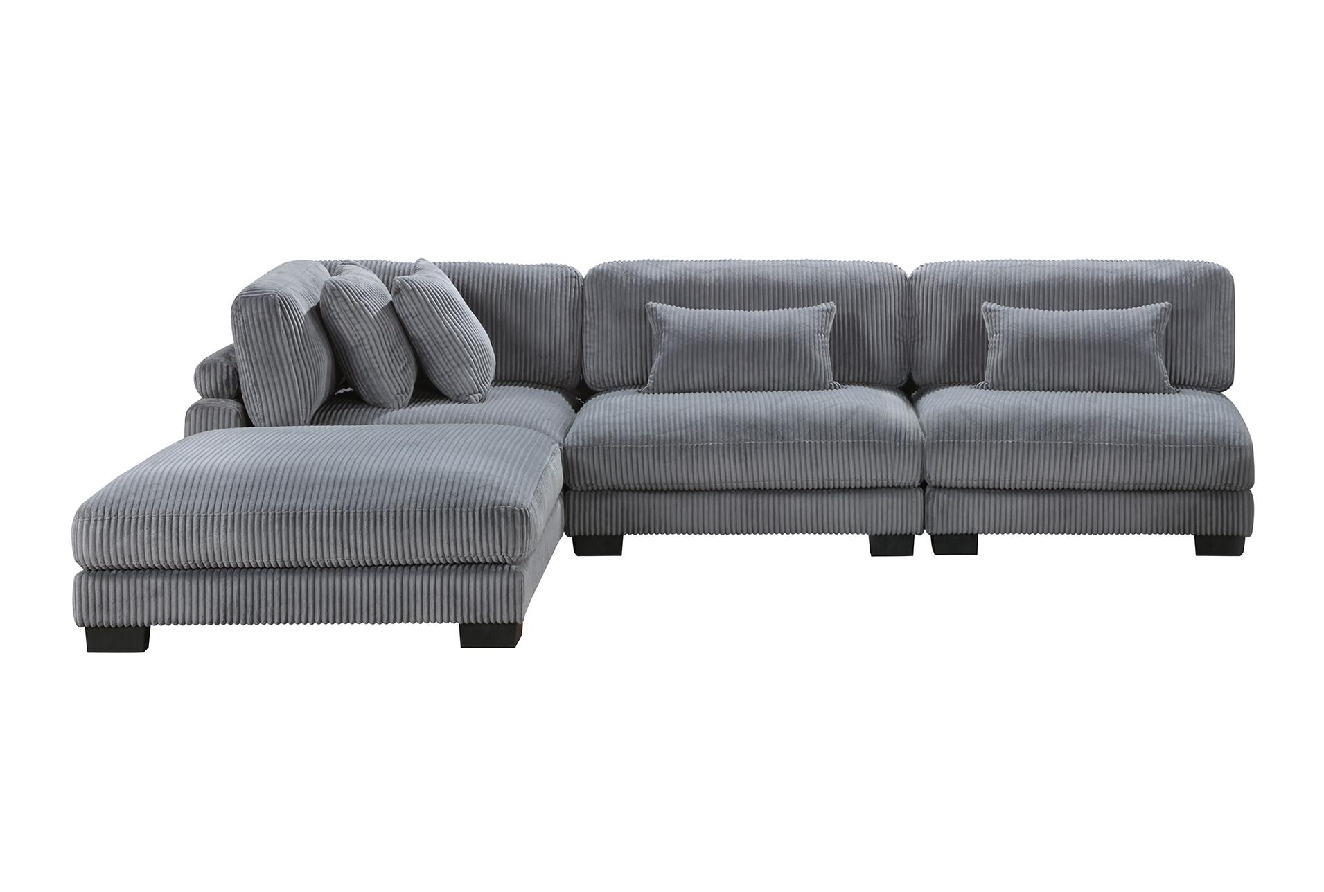 ellery grey corduroy 4-piece modular sectional with ottoman | fabric | reversible | loose reversible back 9 ellery grey corduroy 4-piece modular sectional with ottoman | fabric | reversible | loose reversible back