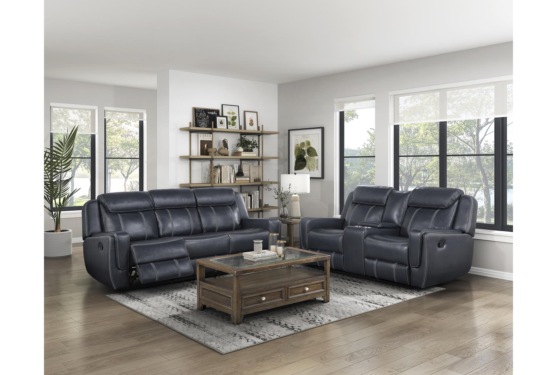 laurel blue faux 86" leather reclining sofa with dropdown table & usb | cup holders 20 laurel blue faux 86" leather reclining sofa with dropdown table & usb | cup holders