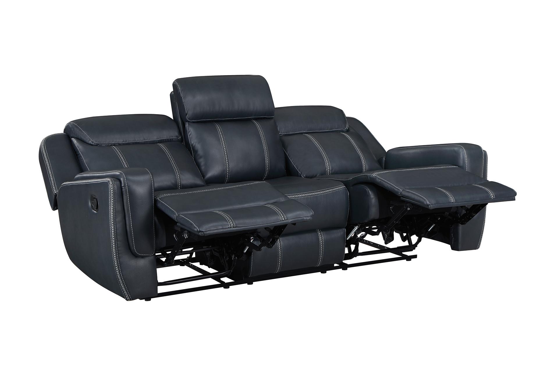 laurel blue faux 86" leather reclining sofa with dropdown table & usb | cup holders 13 laurel blue faux 86" leather reclining sofa with dropdown table & usb | cup holders