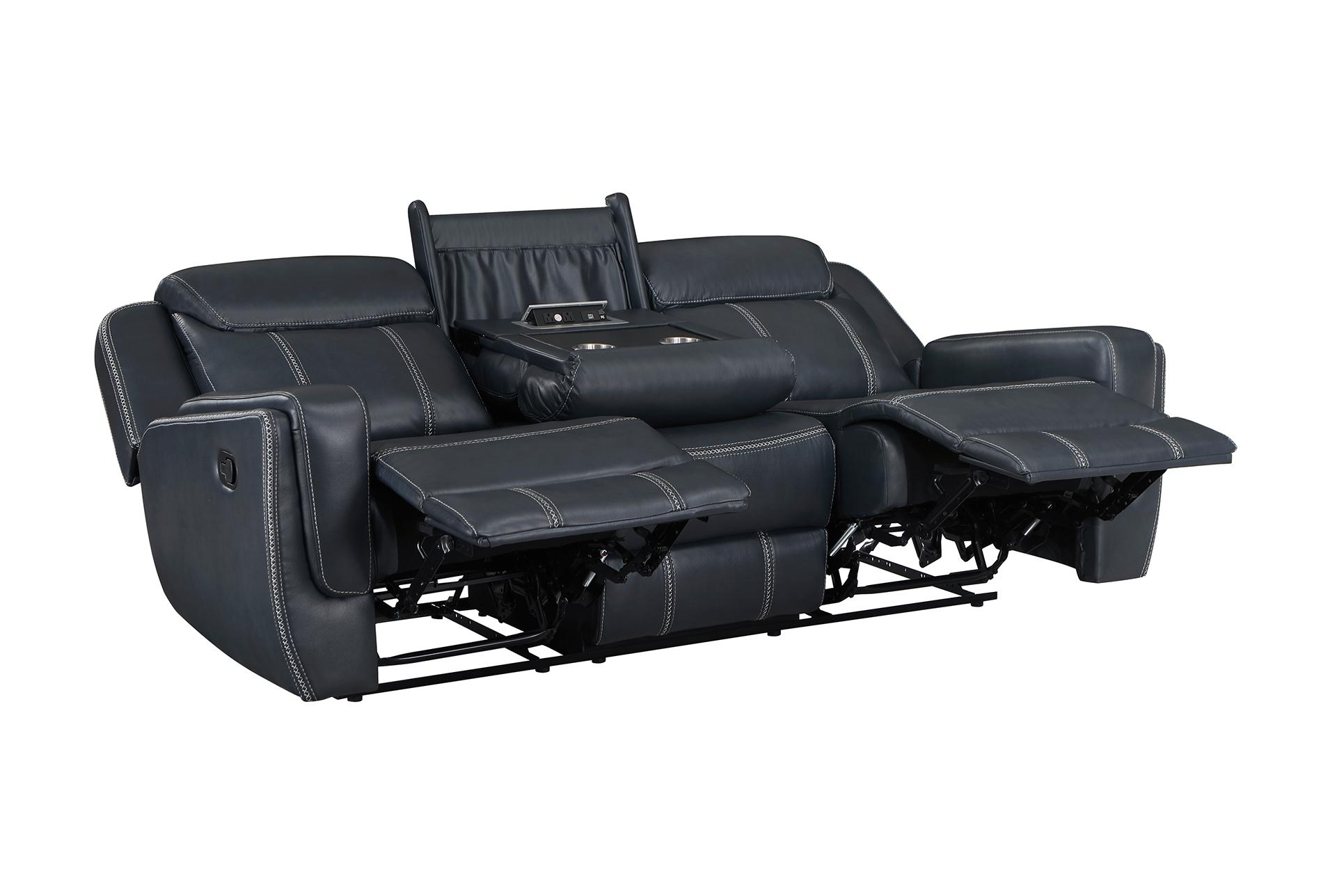 laurel blue faux 86" leather reclining sofa with dropdown table & usb | cup holders 14 laurel blue faux 86" leather reclining sofa with dropdown table & usb | cup holders